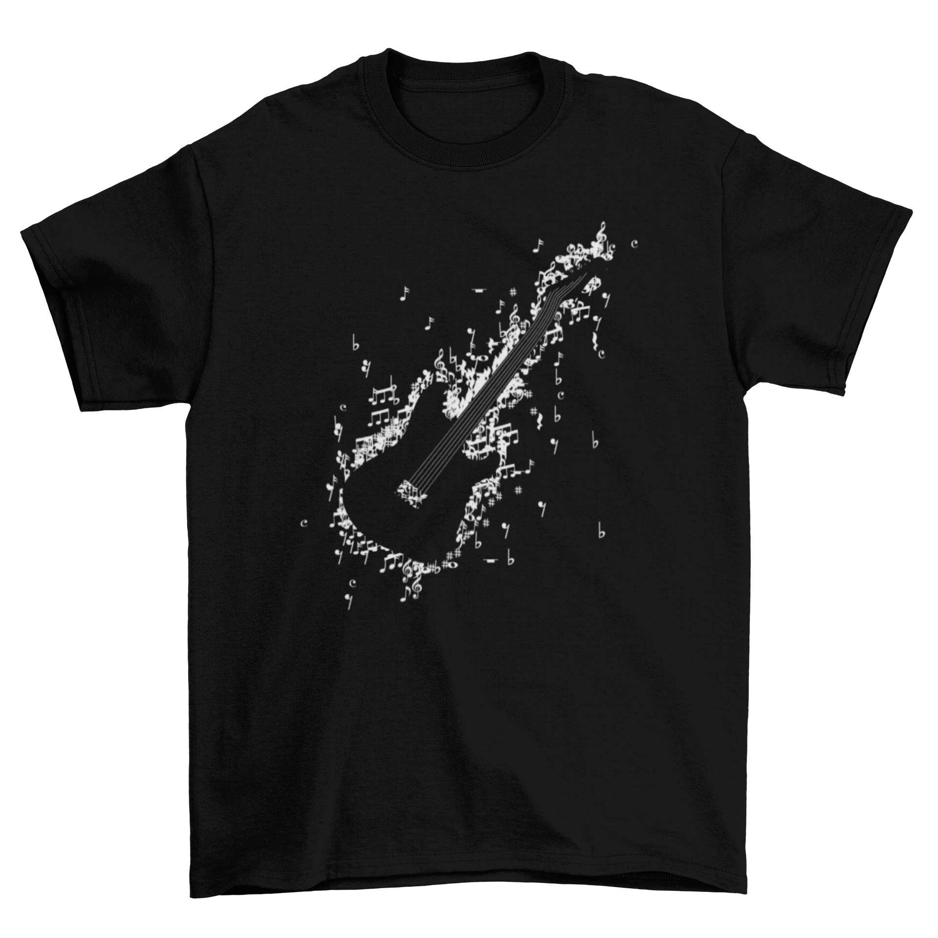 A stylish t-shirt featuring a guitar design made of musical notes, perfect for music lovers.