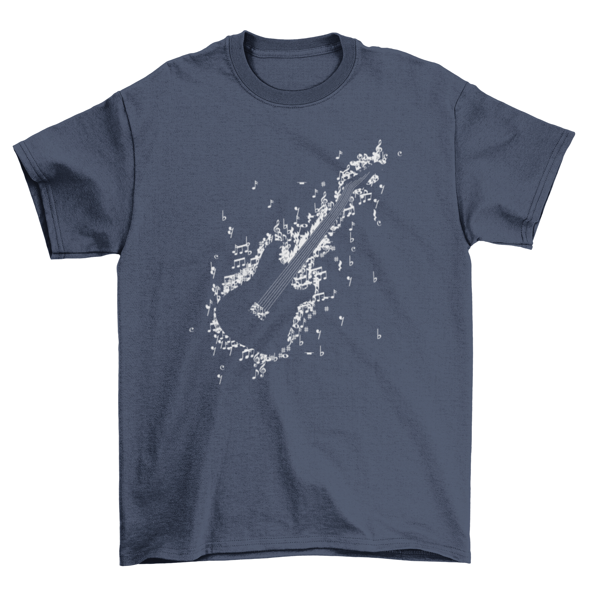 A stylish t-shirt featuring a guitar design made of musical notes, perfect for music lovers.