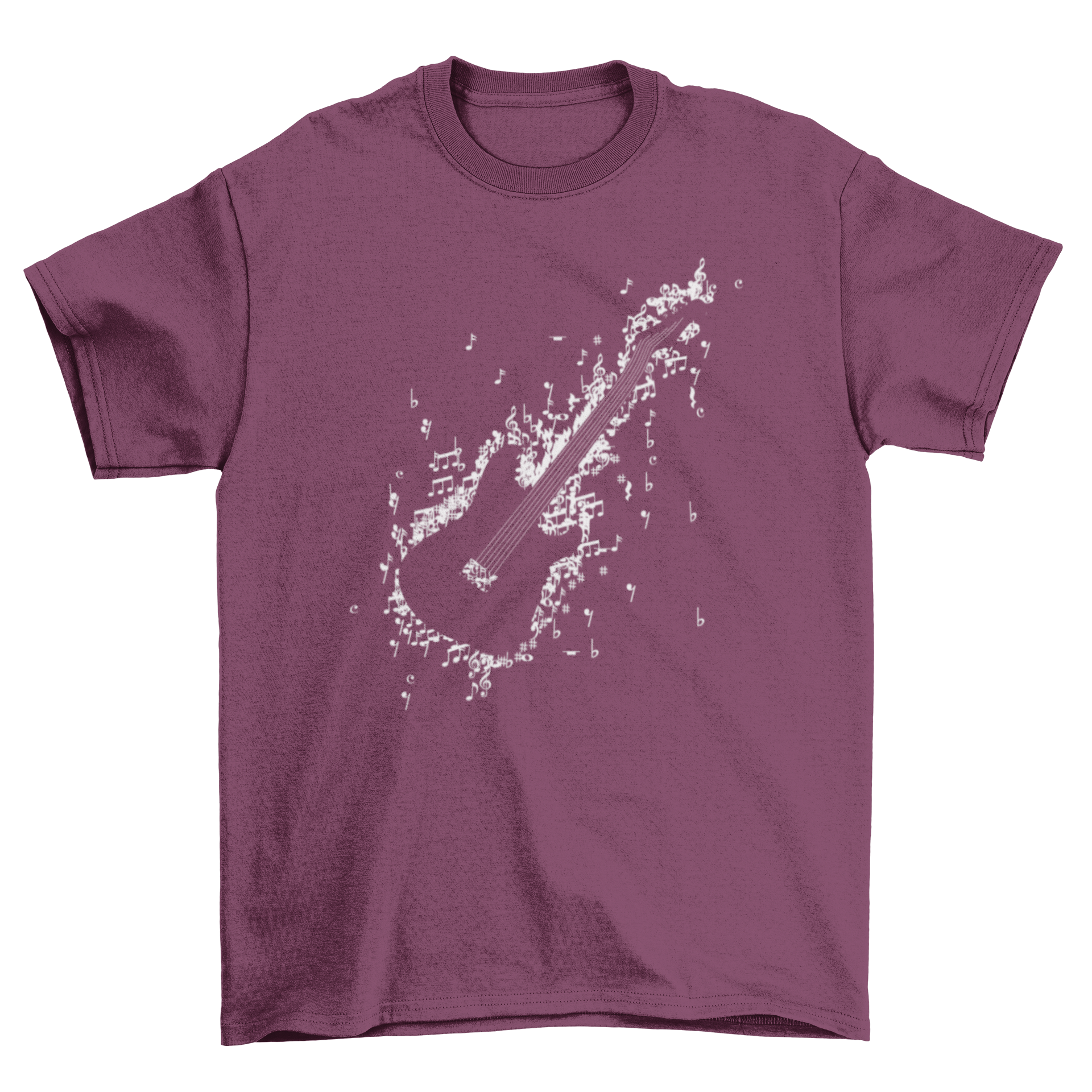 A stylish t-shirt featuring a guitar design made of musical notes, perfect for music lovers.