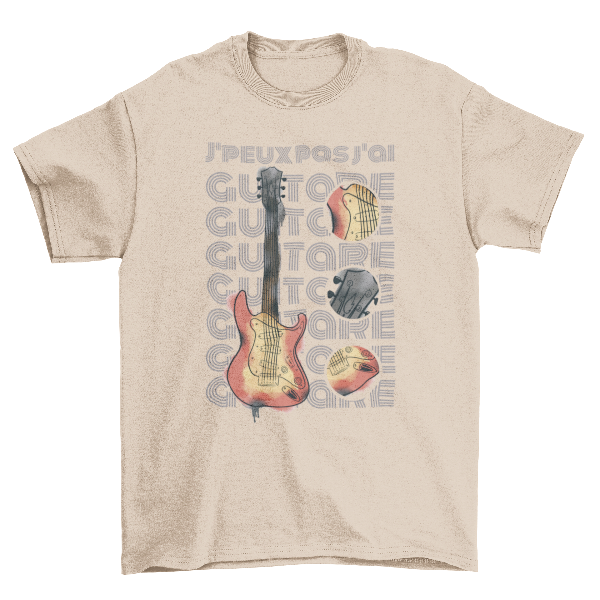 Guitar Parts T-Shirt featuring a guitar graphic and the quote 'J'peux pas j'ai Guitare' in stylish font.