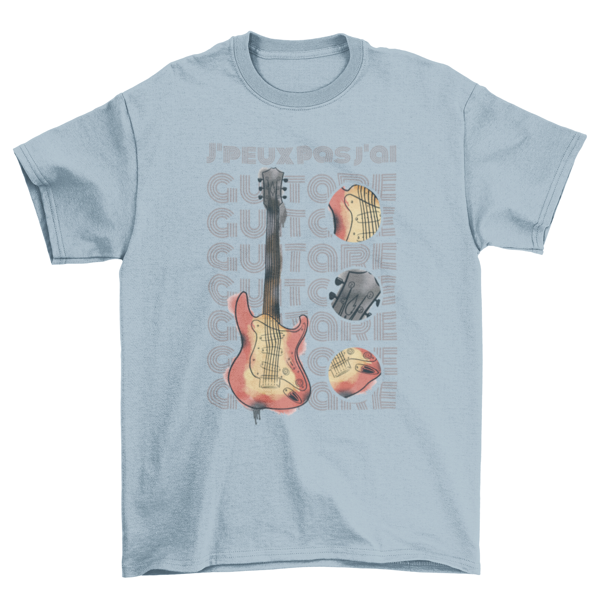 Guitar Parts T-Shirt featuring a guitar graphic and the quote 'J'peux pas j'ai Guitare' in stylish font.