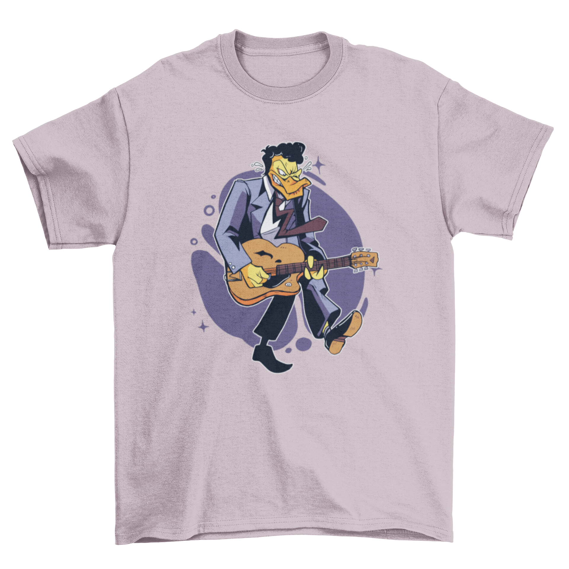 A playful t-shirt featuring a cartoon duck playing a guitar, showcasing a fun and unique design.