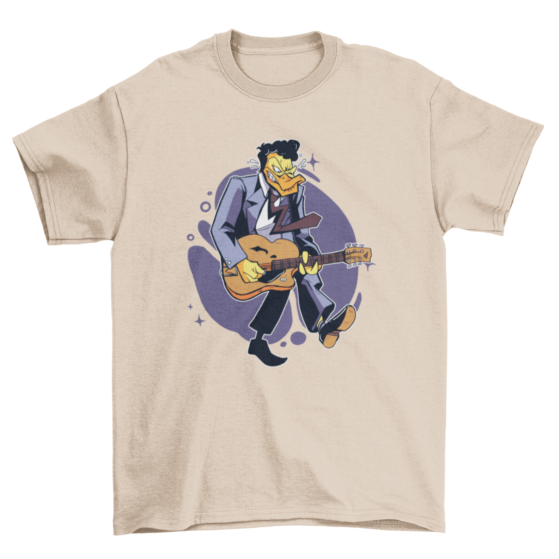 A playful t-shirt featuring a cartoon duck playing a guitar, showcasing a fun and unique design.