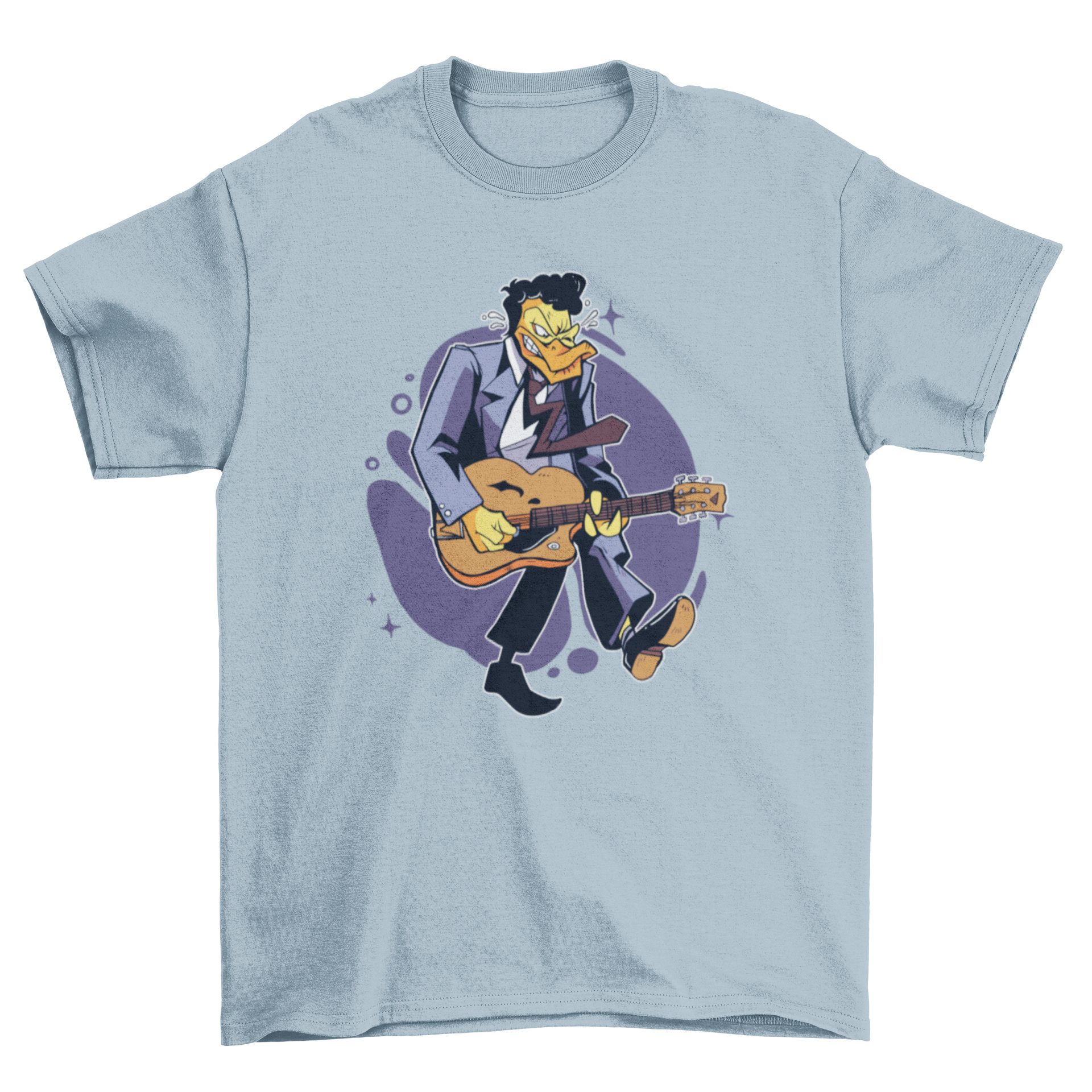 A playful t-shirt featuring a cartoon duck playing a guitar, showcasing a fun and unique design.