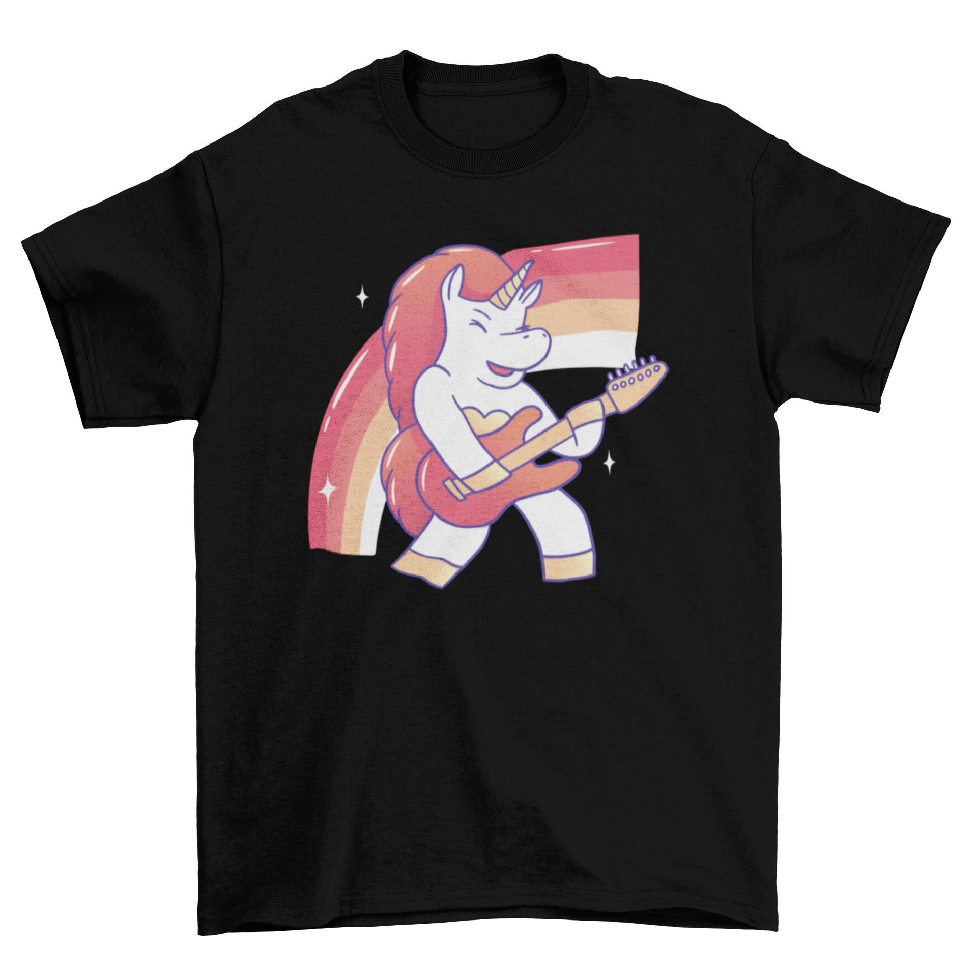 A vibrant t-shirt featuring a female unicorn playing an electric guitar, showcasing a unique and creative design.