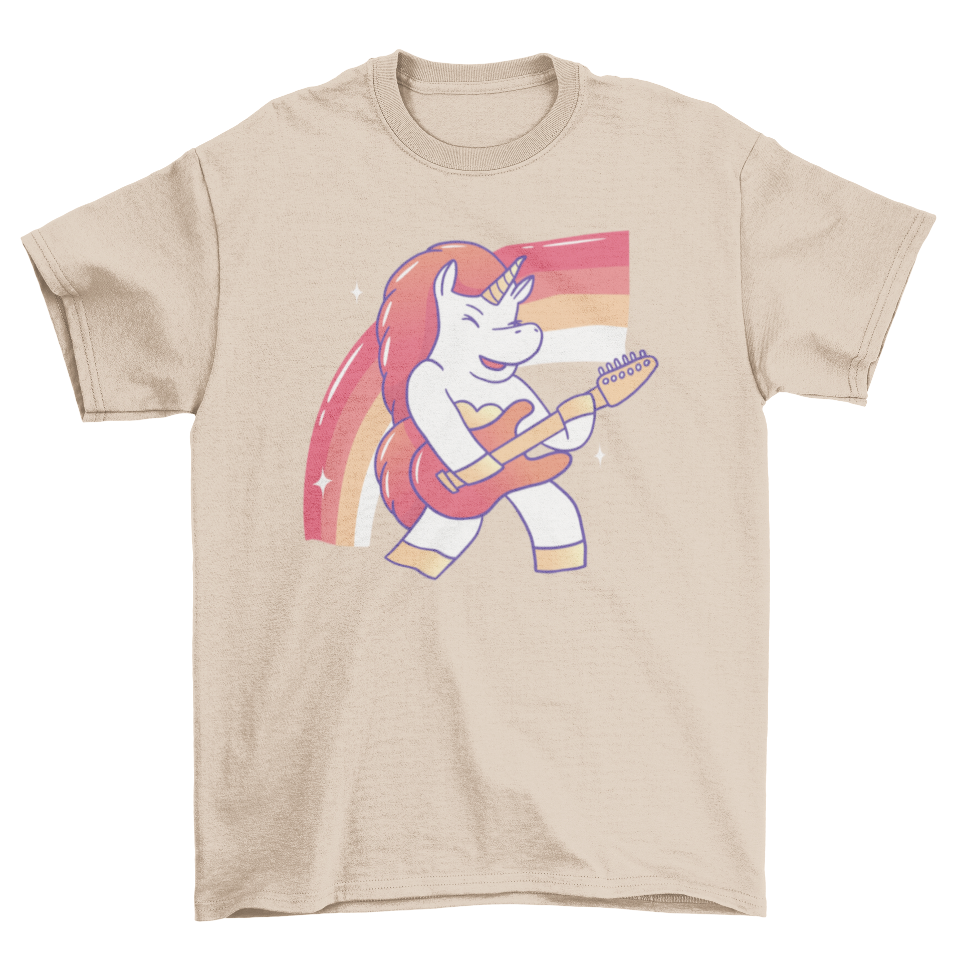 A vibrant t-shirt featuring a female unicorn playing an electric guitar, showcasing a unique and creative design.