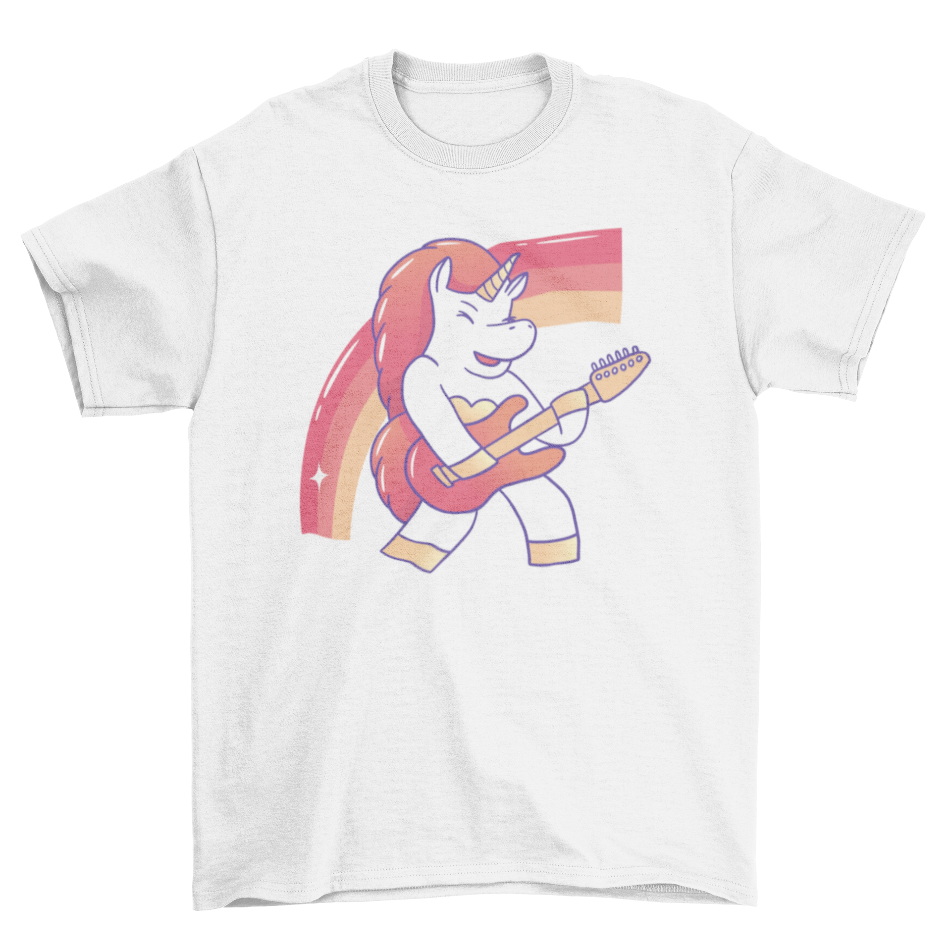 A vibrant t-shirt featuring a female unicorn playing an electric guitar, showcasing a unique and creative design.