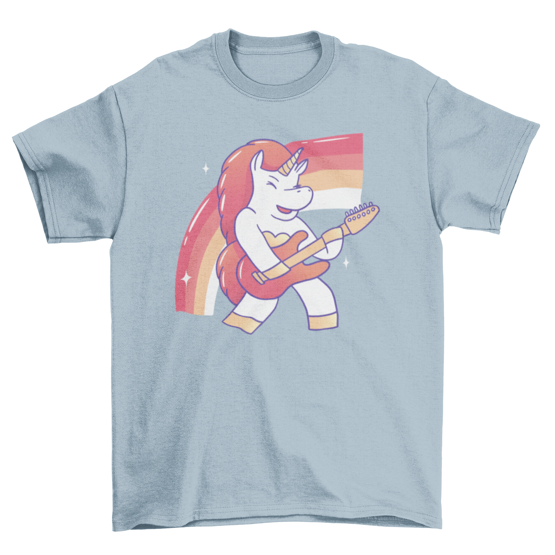 A vibrant t-shirt featuring a female unicorn playing an electric guitar, showcasing a unique and creative design.