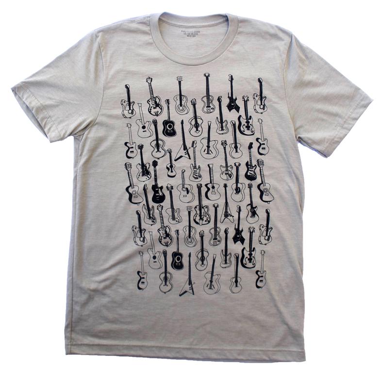 Guitars Pattern Heather Stone T-Shirt featuring a unique guitar design in black ink on a soft heather stone fabric.