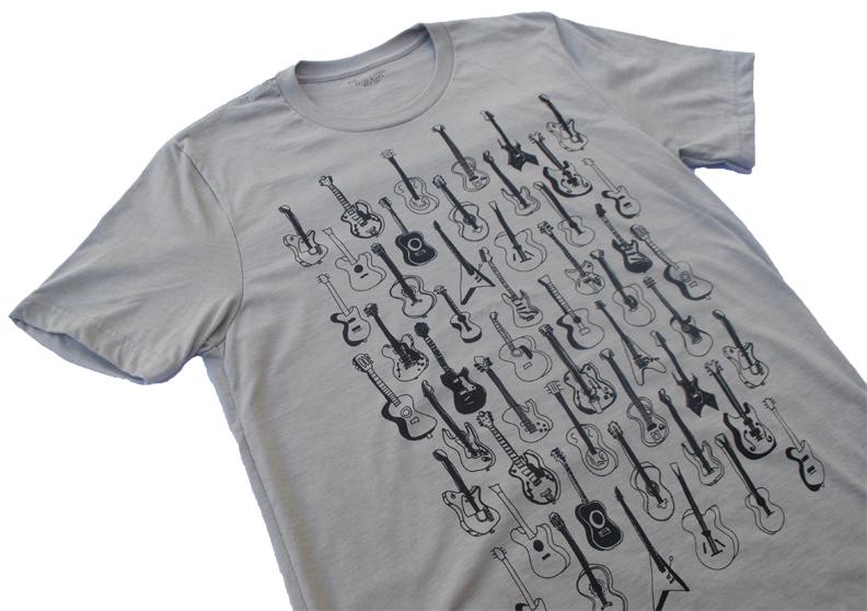 Guitars Pattern Heather Stone T-Shirt featuring a unique guitar design in black ink on a soft heather stone fabric.