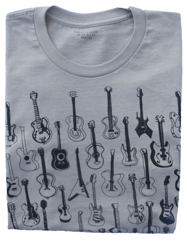 Guitars Pattern Heather Stone T-Shirt featuring a unique guitar design in black ink on a soft heather stone fabric.