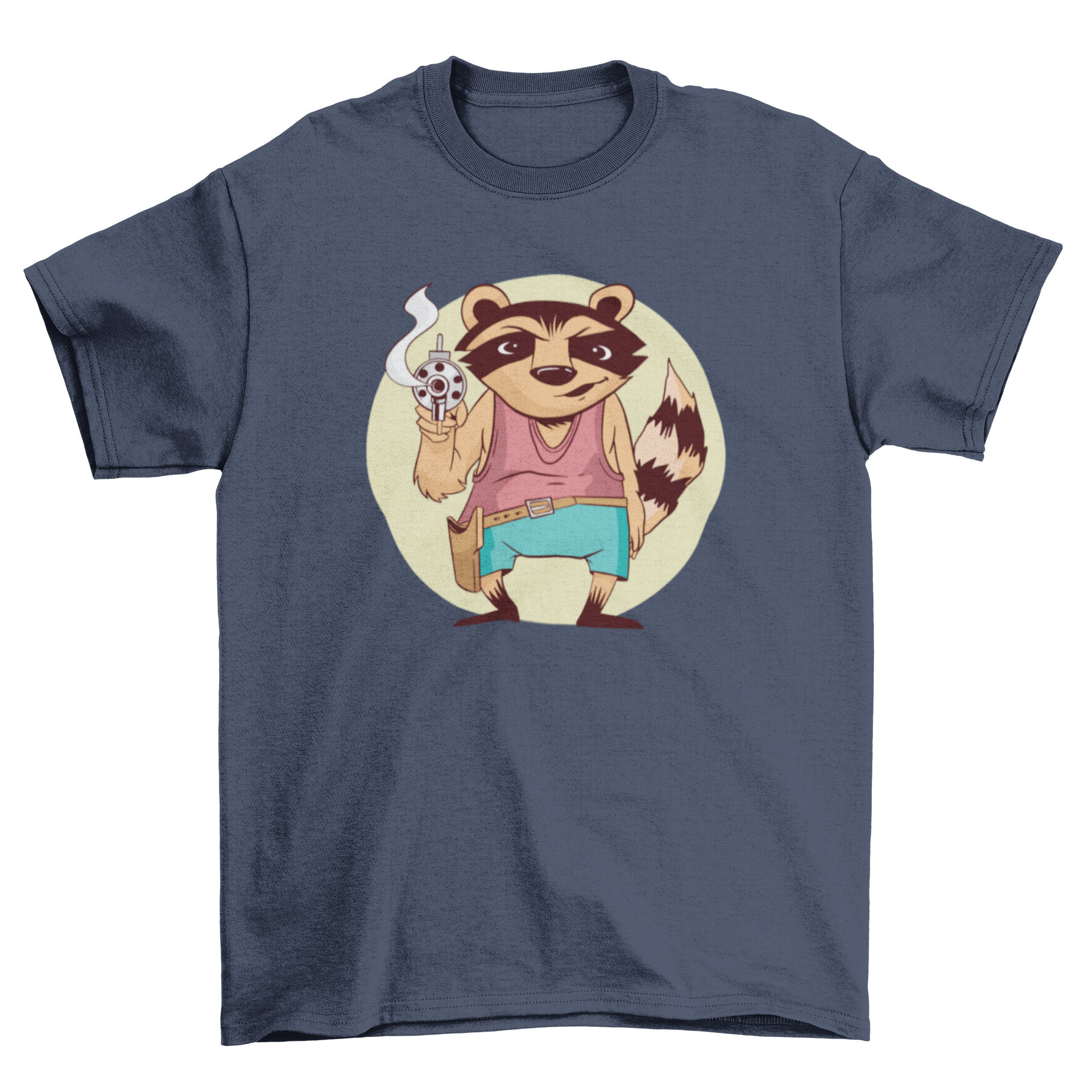 A stylish t-shirt featuring a raccoon holding a gun, showcasing a unique and playful design.