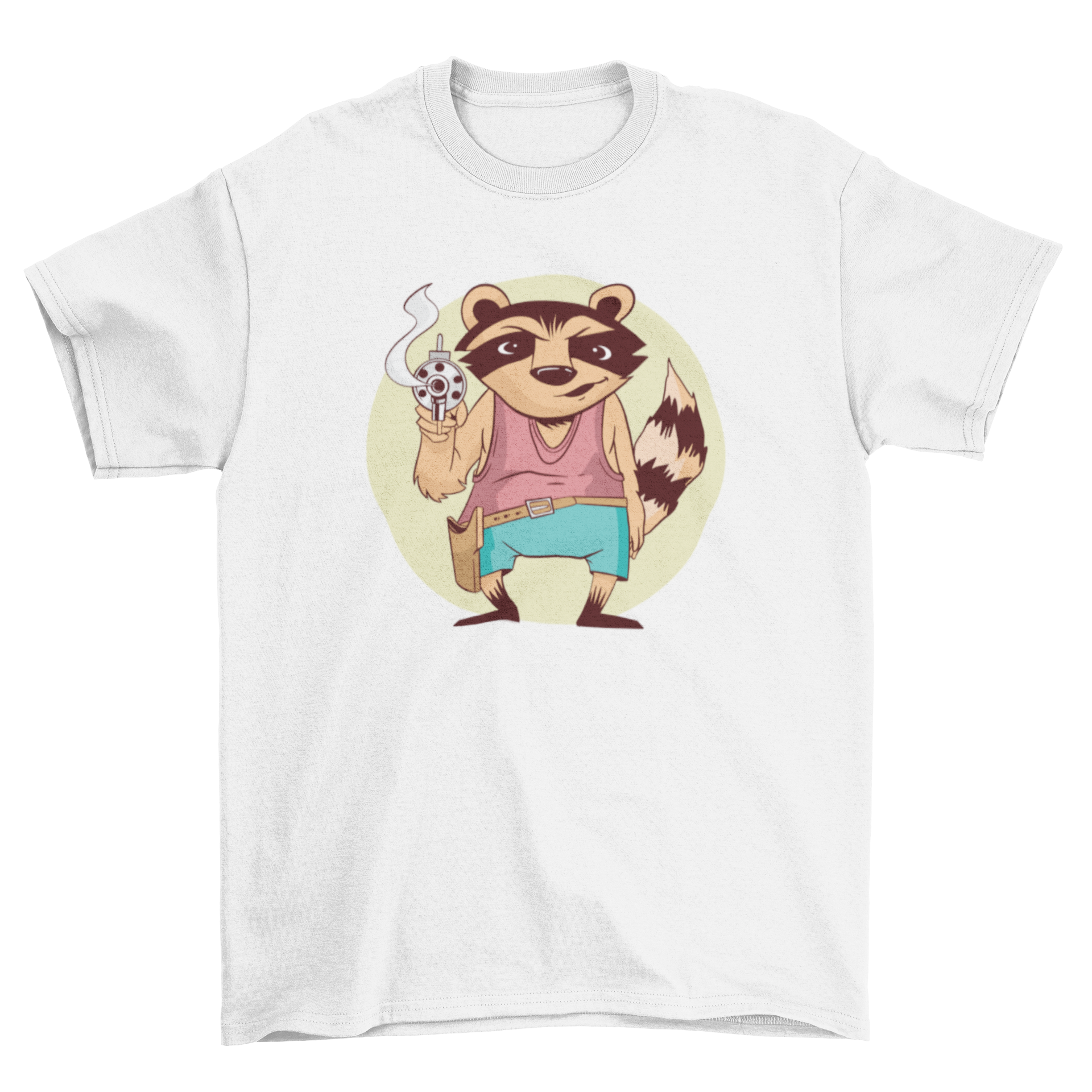 A stylish t-shirt featuring a raccoon holding a gun, showcasing a unique and playful design.