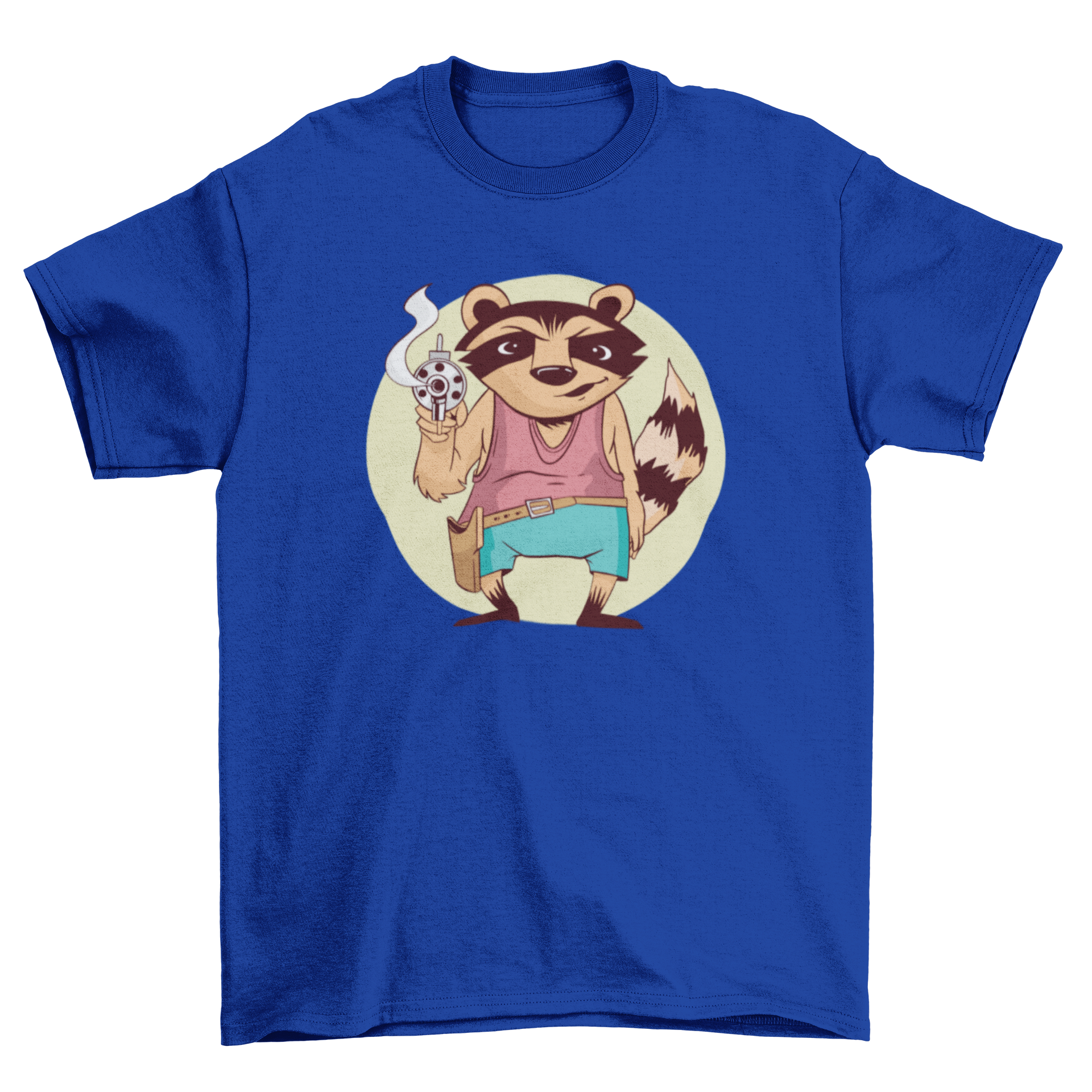 A stylish t-shirt featuring a raccoon holding a gun, showcasing a unique and playful design.