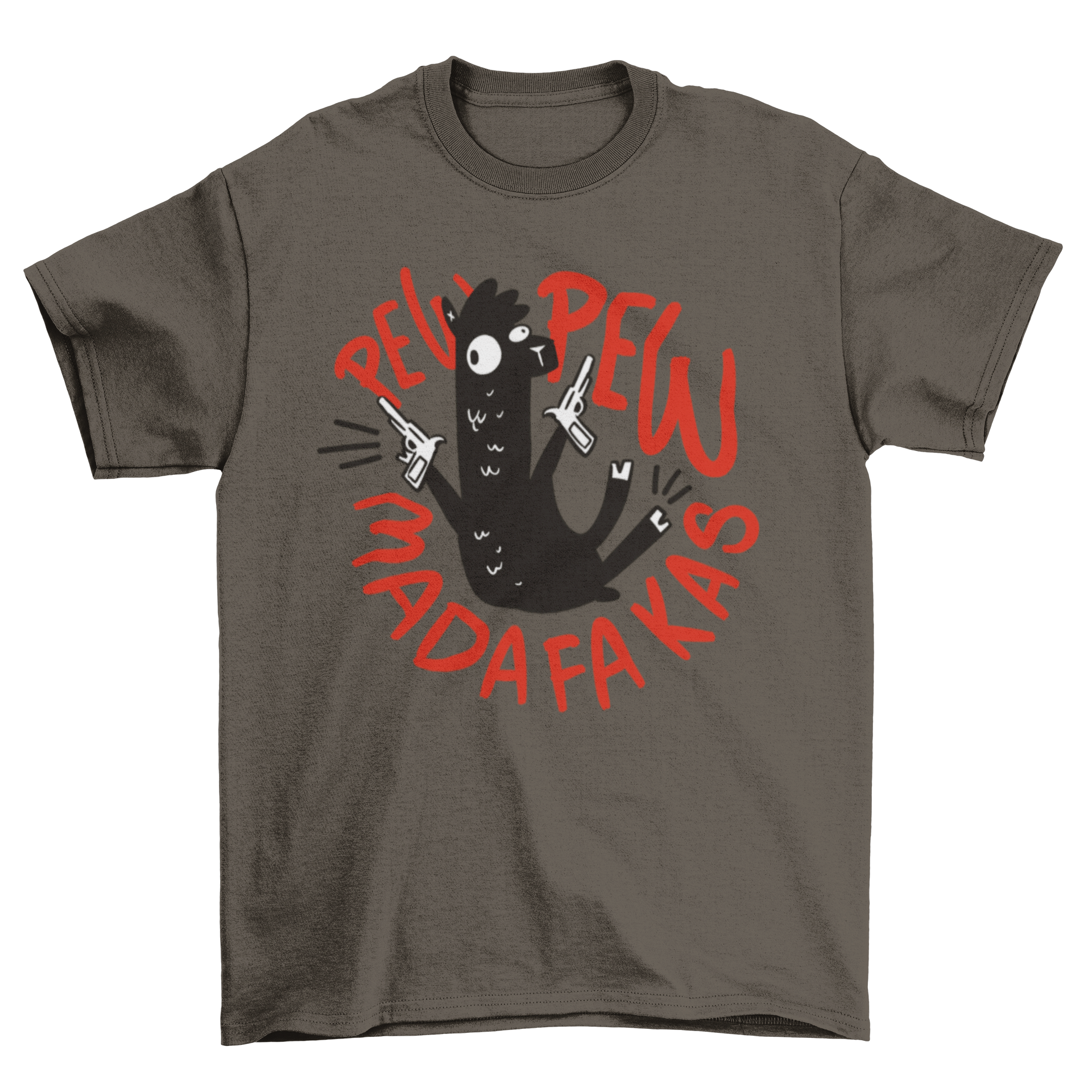 A humorous t-shirt featuring a doodle llama holding guns with the quote 'Pew pew madafakas'.