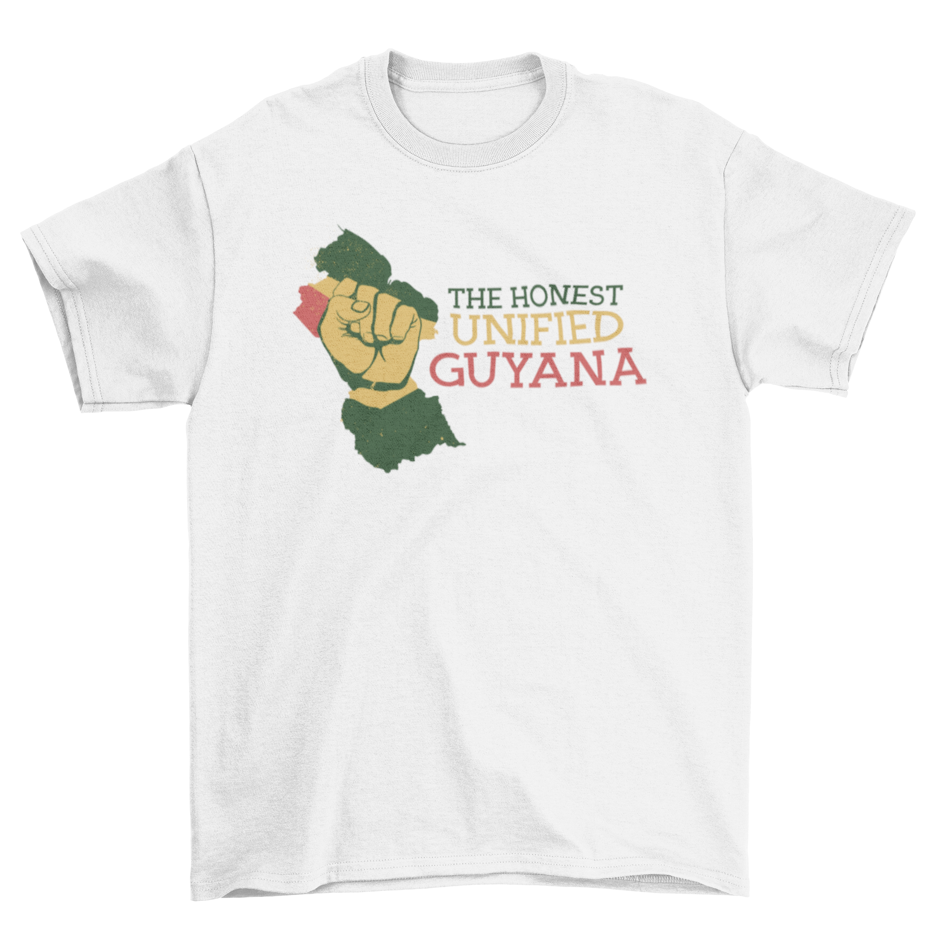 Guyana Quote T-shirt featuring a silhouette of Guyana and the quote 'THE HONEST UNIFIED GUYANA' in stylish typography.