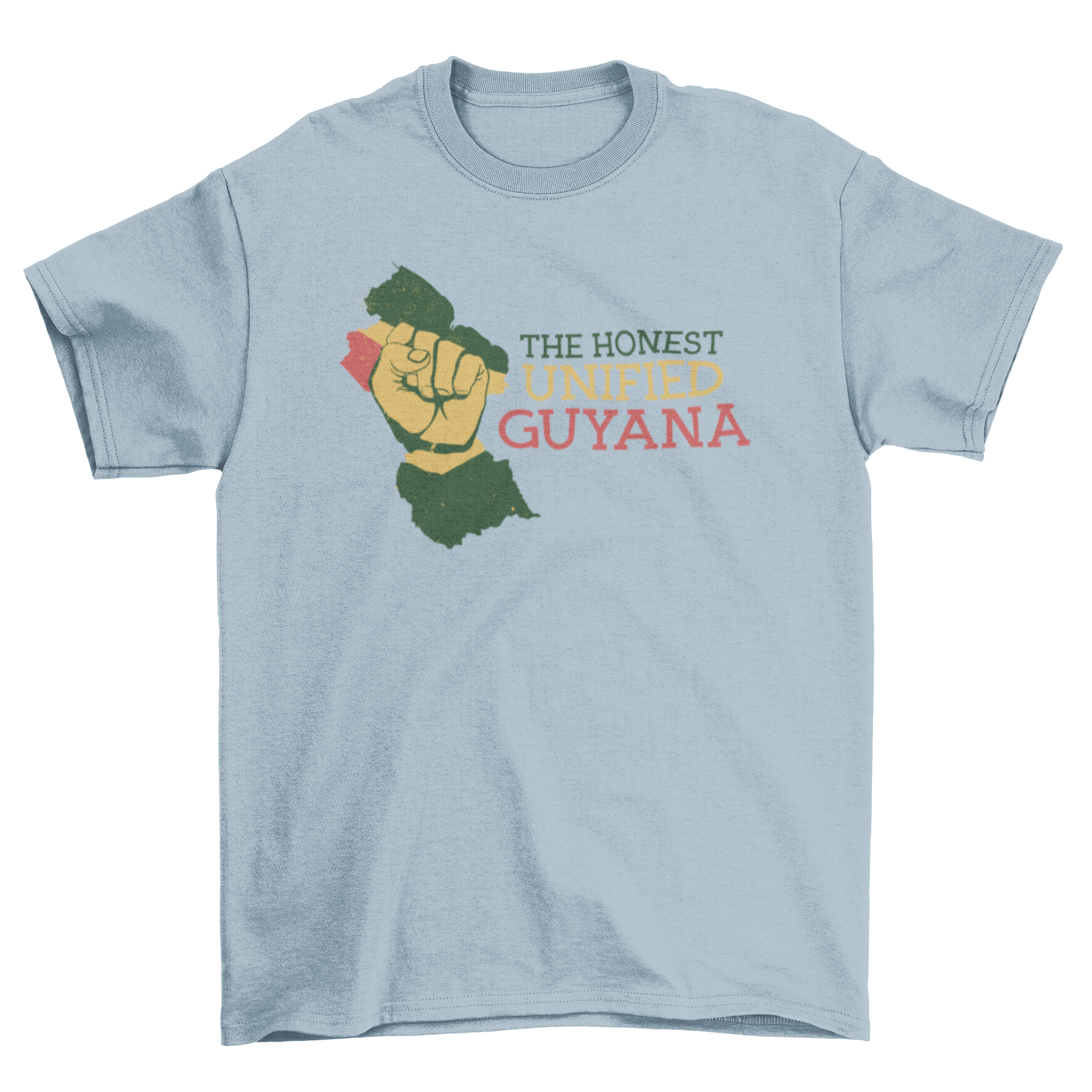 Guyana Quote T-shirt featuring a silhouette of Guyana and the quote 'THE HONEST UNIFIED GUYANA' in stylish typography.