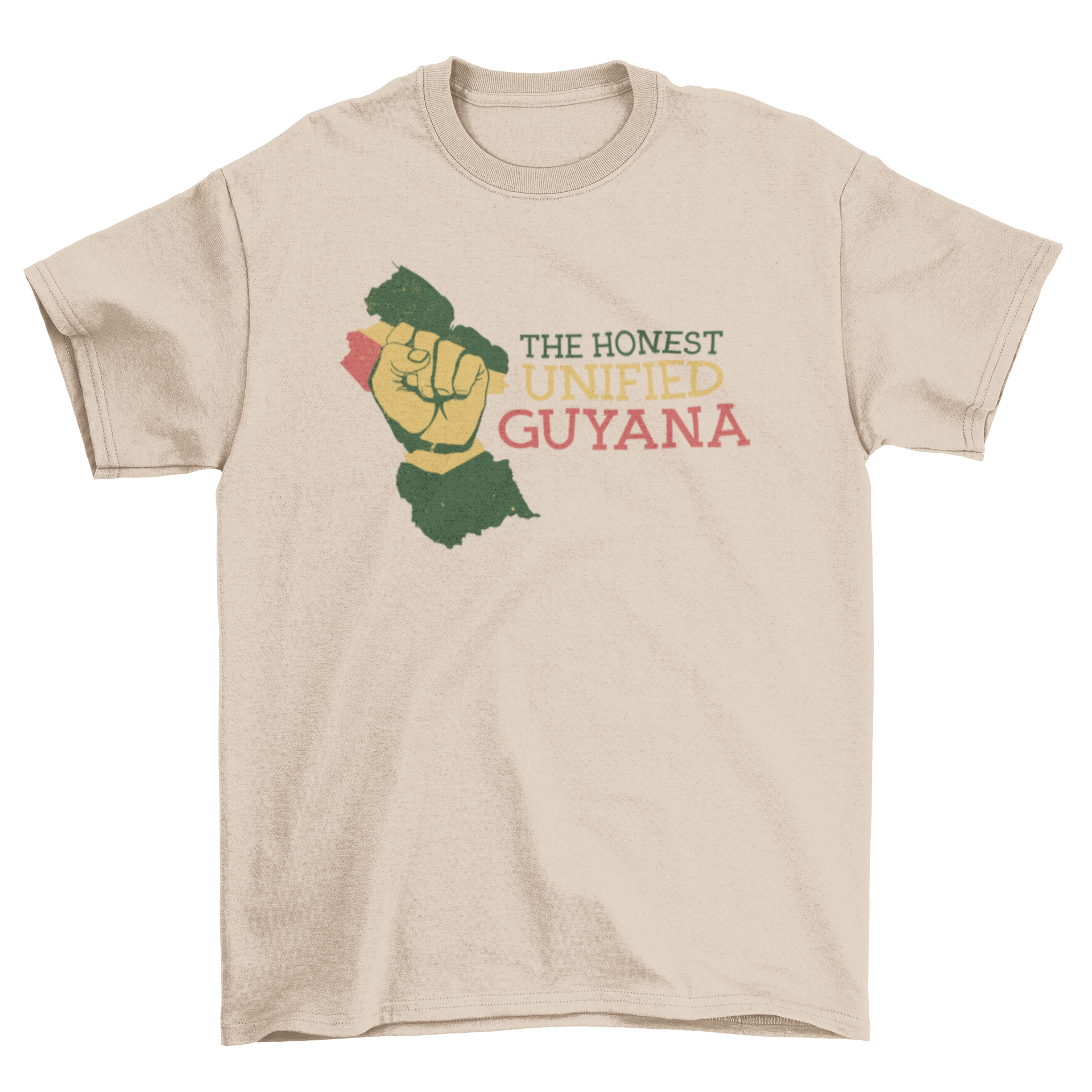 Guyana Quote T-shirt featuring a silhouette of Guyana and the quote 'THE HONEST UNIFIED GUYANA' in stylish typography.