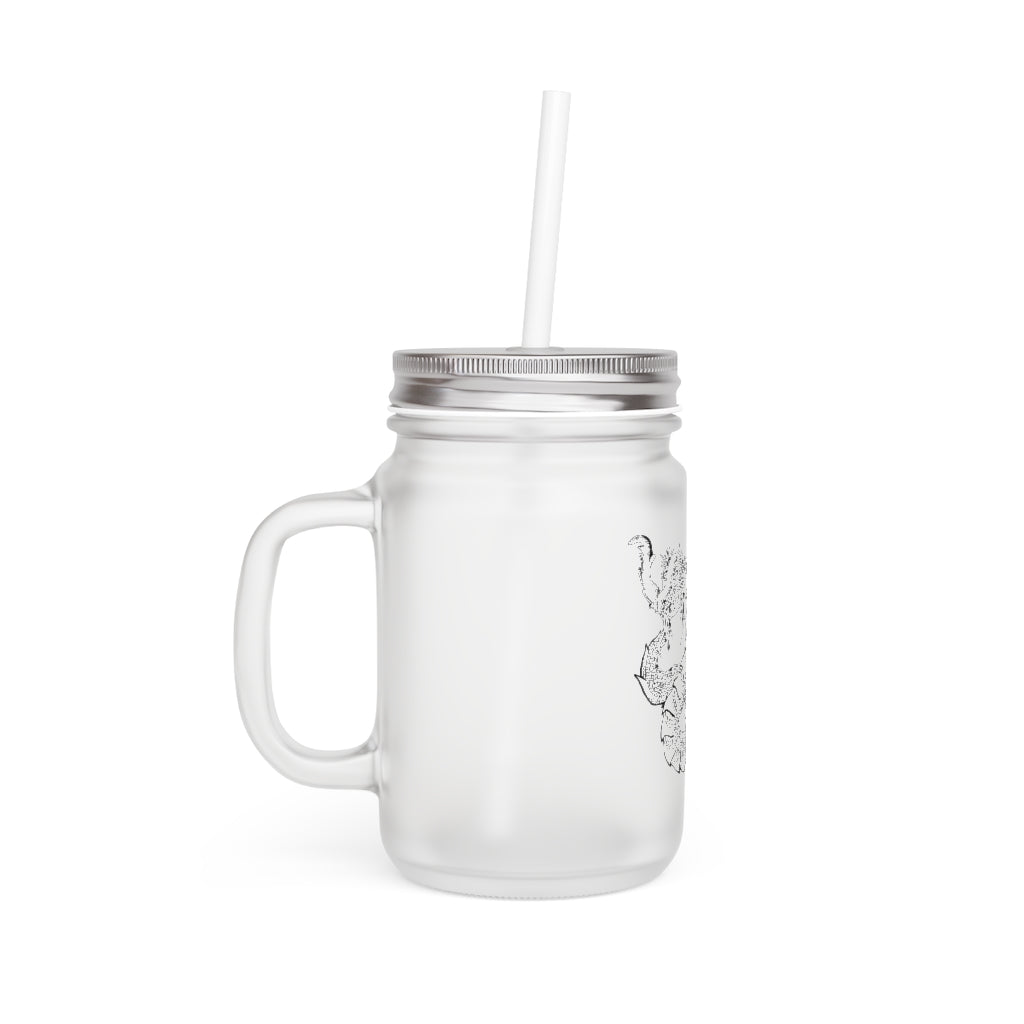 Gydraxis Mason Jar with straw and lid, showcasing frosted glass design, perfect for personalized drinks.