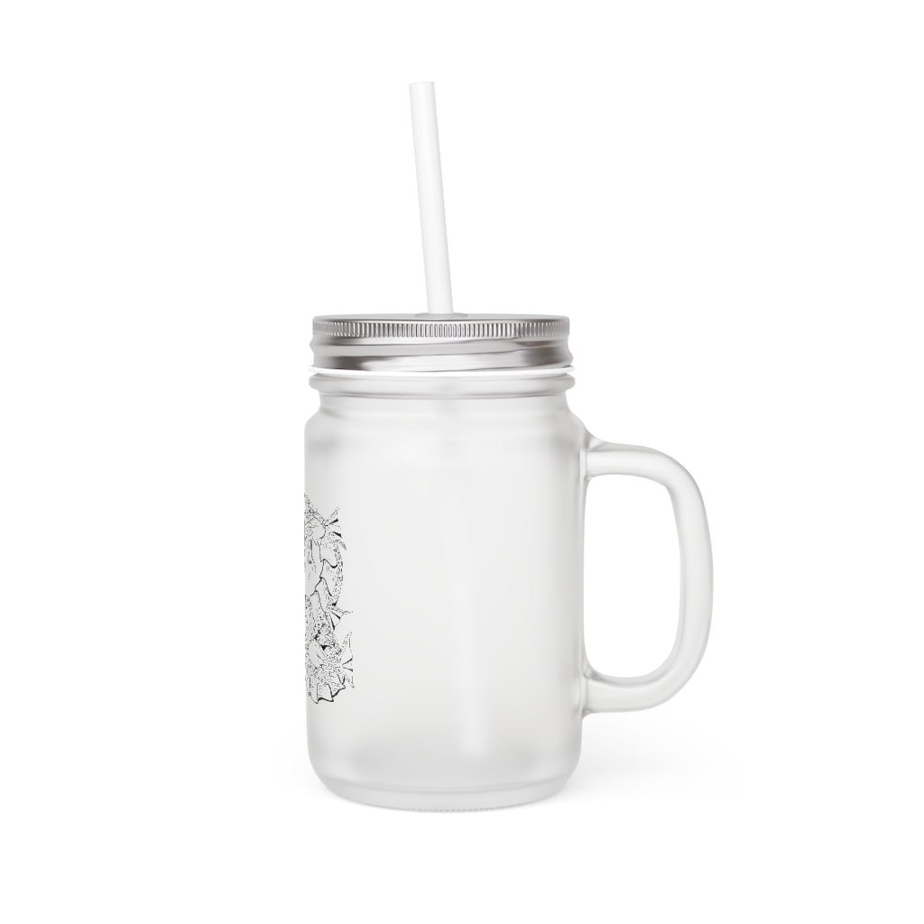 Gydraxis Mason Jar with straw and lid, showcasing frosted glass design, perfect for personalized drinks.