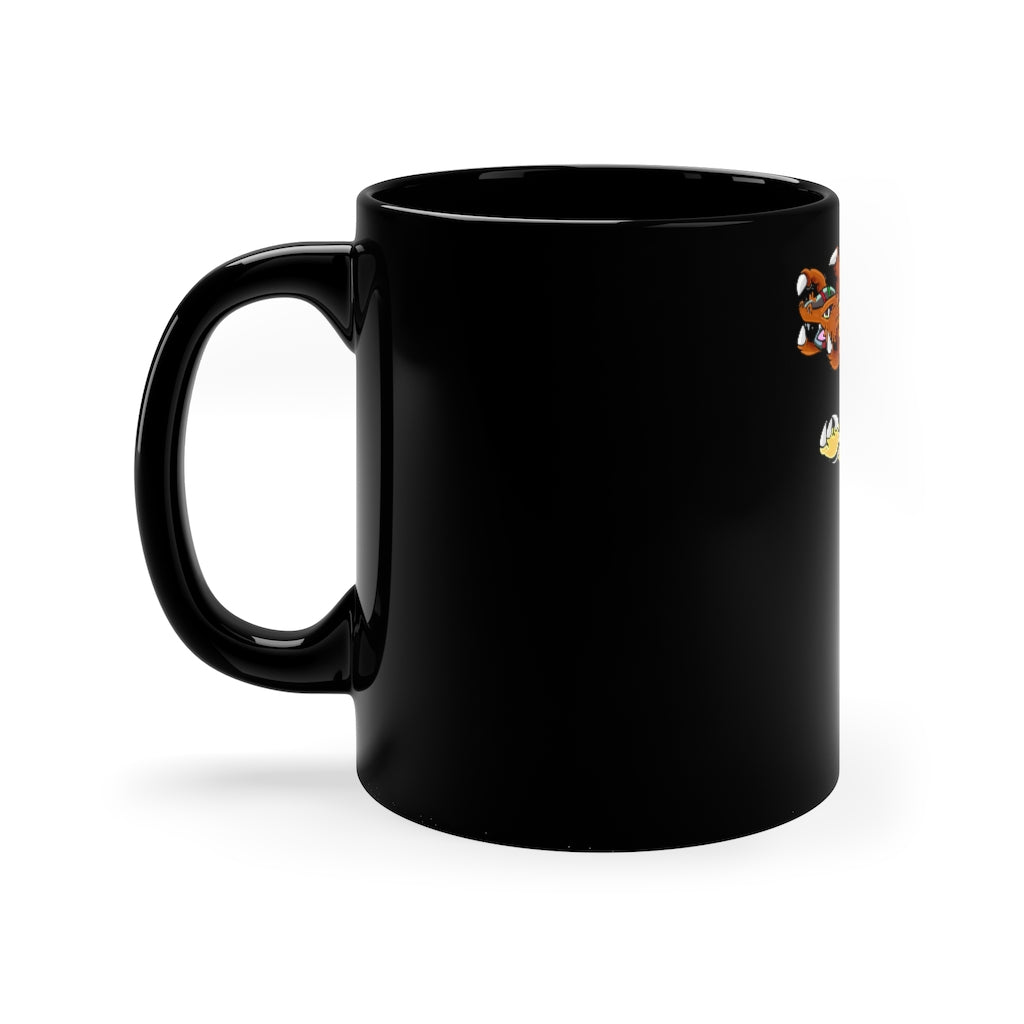 Gydro 11oz black ceramic mug with a C-handle, perfect for coffee, tea, or hot chocolate, showcasing customizable designs.