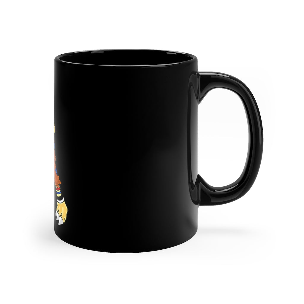 Gydro 11oz black ceramic mug with a C-handle, perfect for coffee, tea, or hot chocolate, showcasing customizable designs.