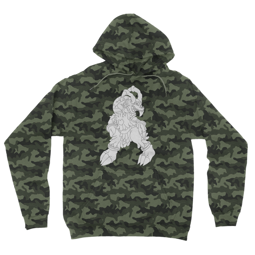 Gydro Camouflage Adult Hoodie featuring a classic all-over camo print with a double fabric hood and kangaroo pouch pocket.