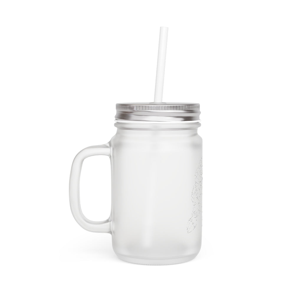 A stylish Gydro Mason Jar made of frosted glass, featuring a straw and lid, perfect for personalized drinks.