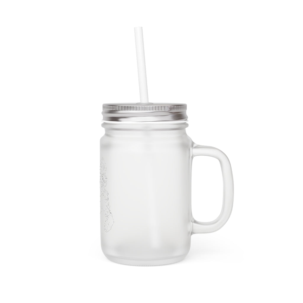 A stylish Gydro Mason Jar made of frosted glass, featuring a straw and lid, perfect for personalized drinks.