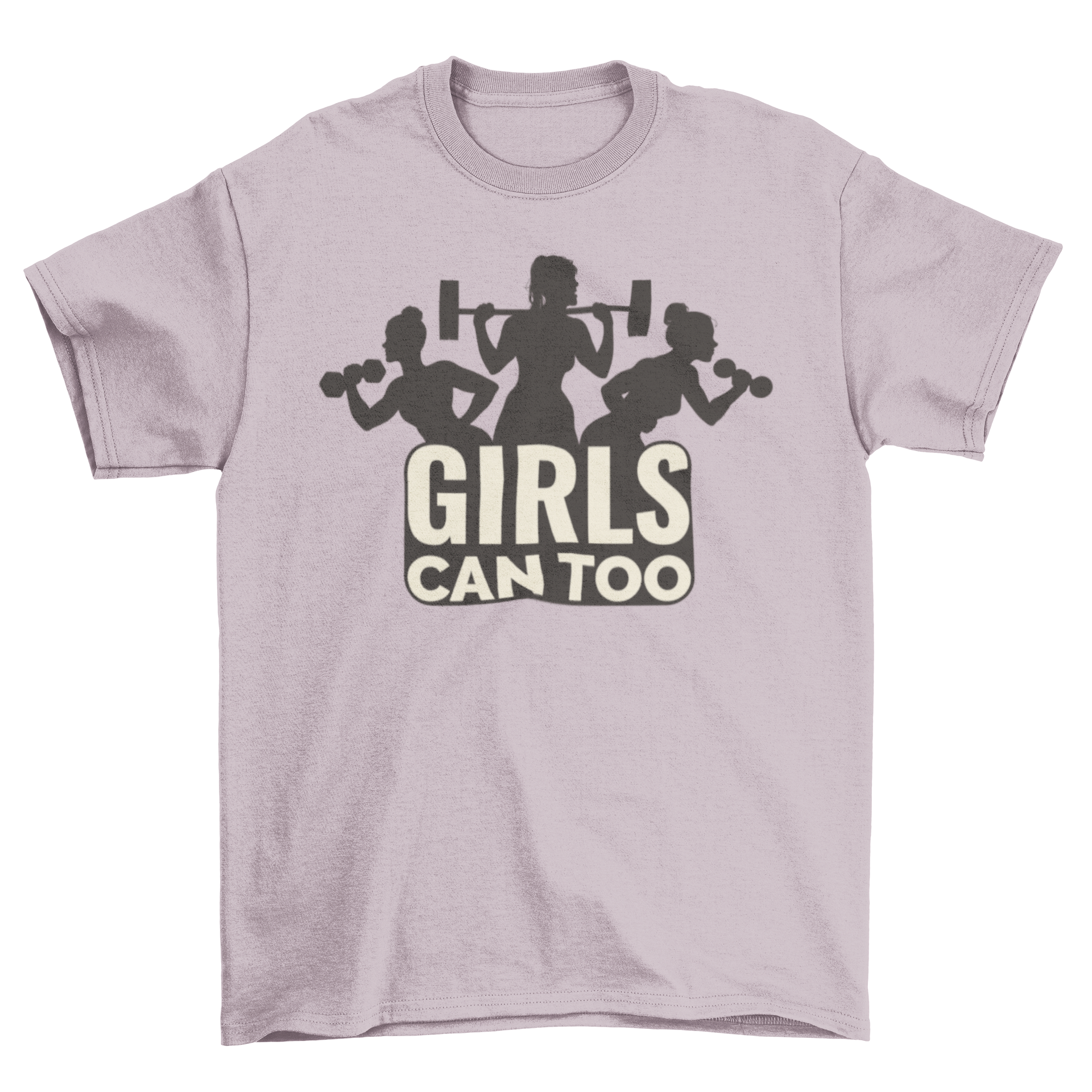 A stylish t-shirt featuring silhouettes of gym girls and the empowering quote 'Girls can too'. Perfect for workouts and casual wear.