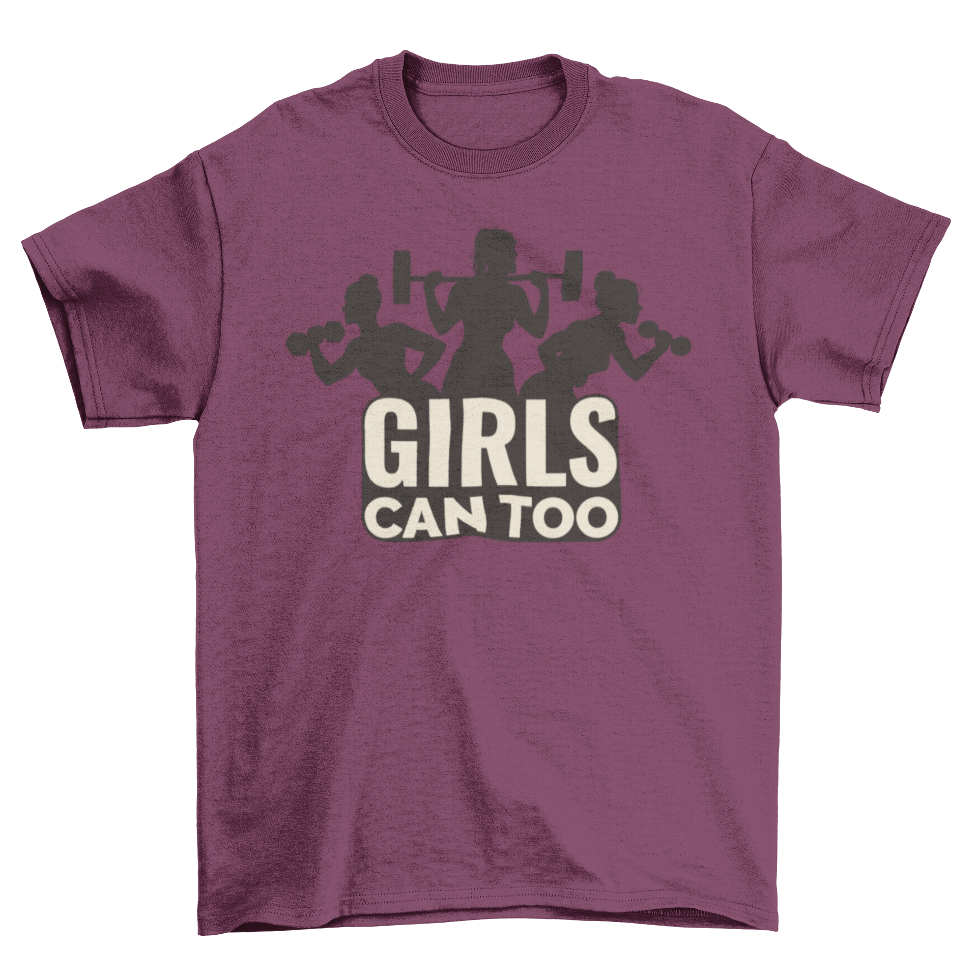 A stylish t-shirt featuring silhouettes of gym girls and the empowering quote 'Girls can too'. Perfect for workouts and casual wear.