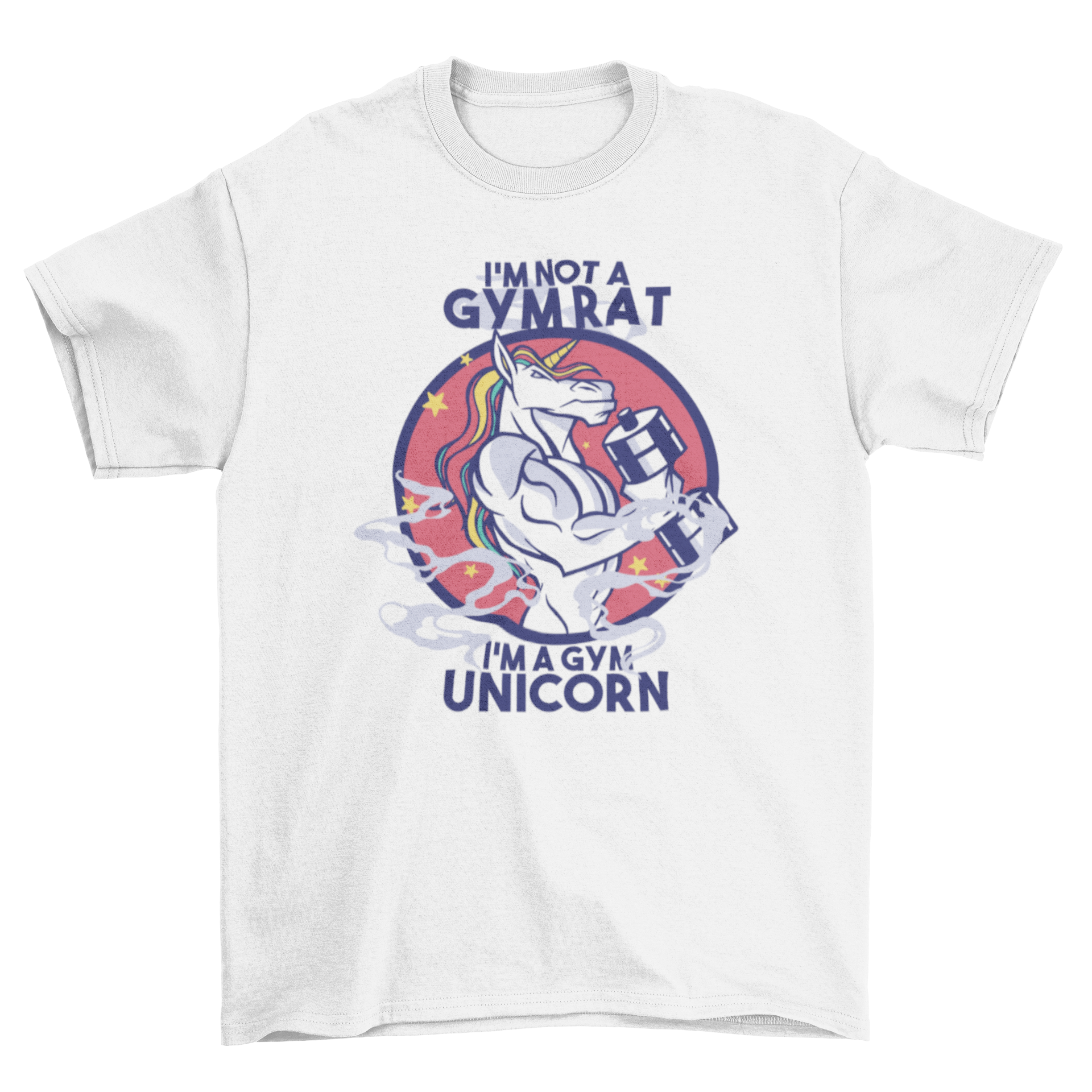 A stylish Gym Unicorn T-Shirt featuring a muscular unicorn design and the quote 'I'm not a gym rat, I'm a gym unicorn.'