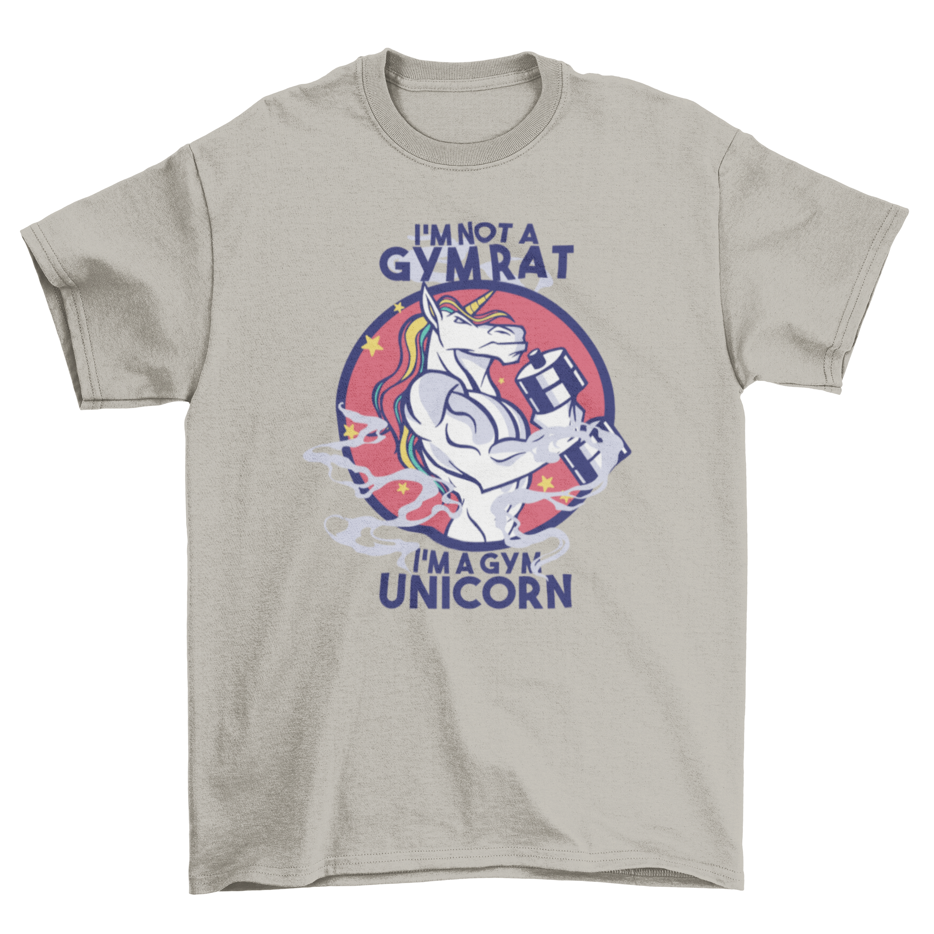 A stylish Gym Unicorn T-Shirt featuring a muscular unicorn design and the quote 'I'm not a gym rat, I'm a gym unicorn.'