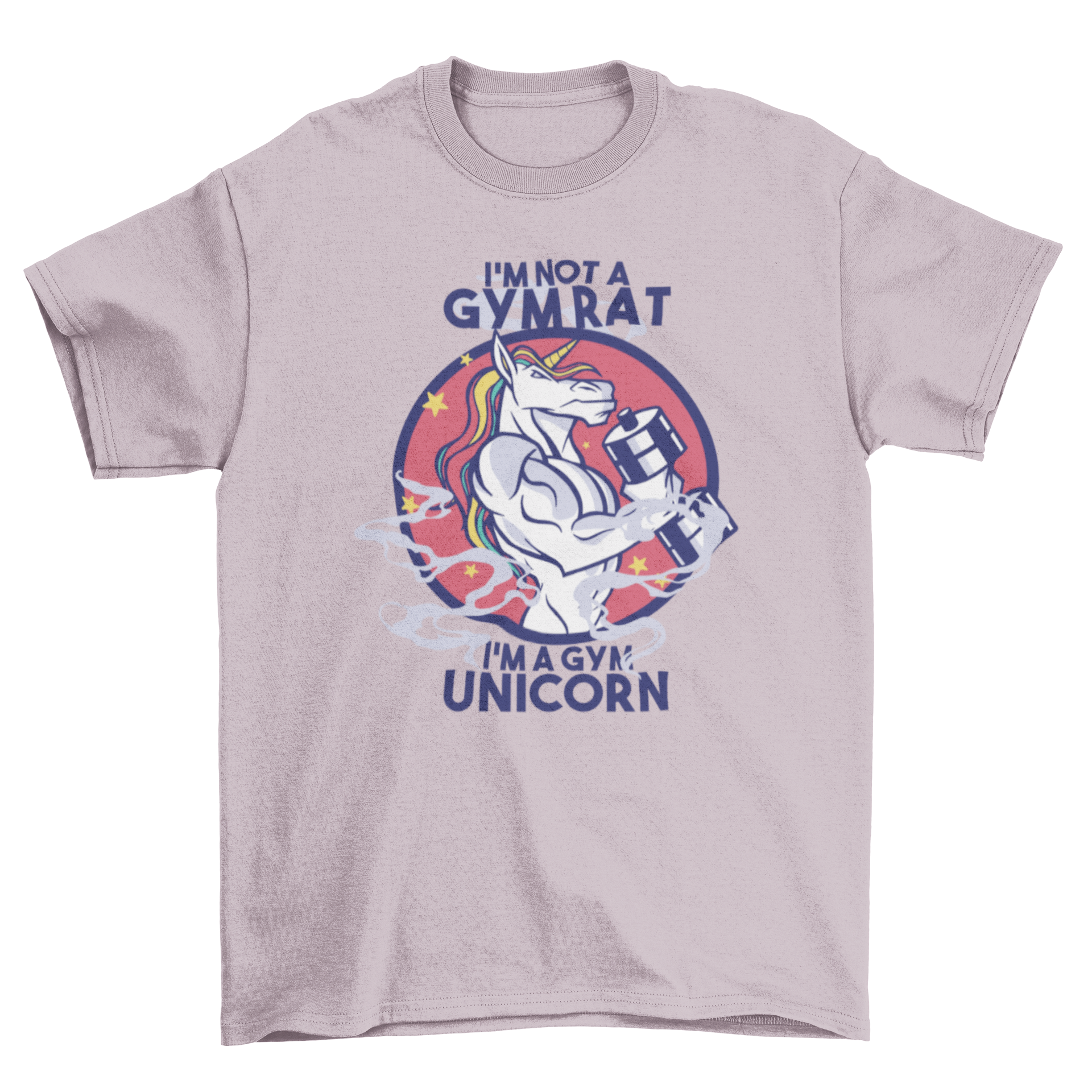 A stylish Gym Unicorn T-Shirt featuring a muscular unicorn design and the quote 'I'm not a gym rat, I'm a gym unicorn.'