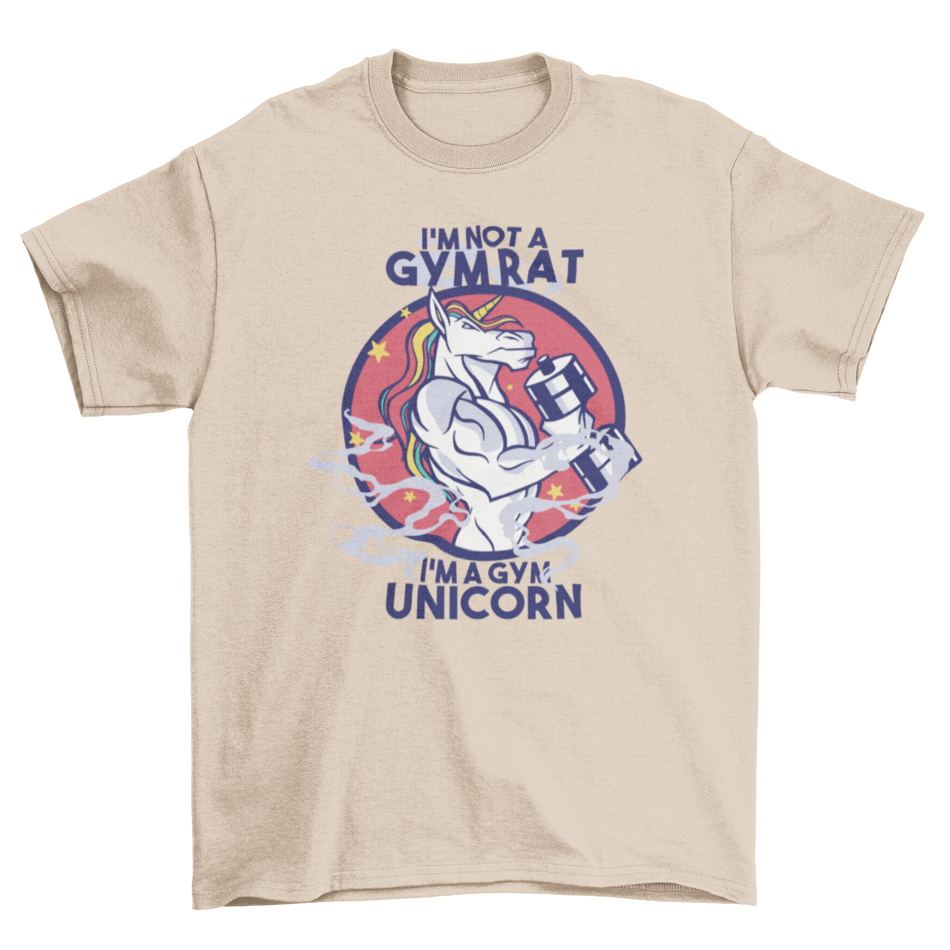 A stylish Gym Unicorn T-Shirt featuring a muscular unicorn design and the quote 'I'm not a gym rat, I'm a gym unicorn.'