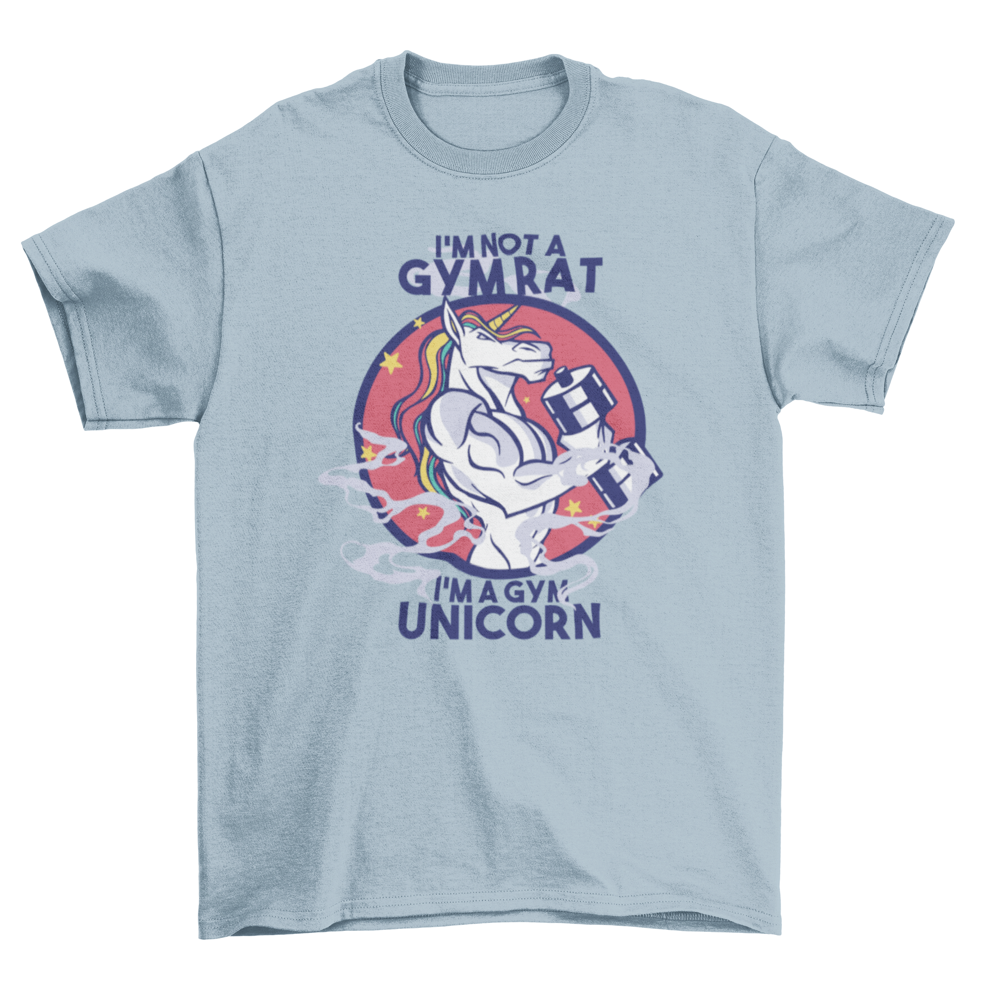 A stylish Gym Unicorn T-Shirt featuring a muscular unicorn design and the quote 'I'm not a gym rat, I'm a gym unicorn.'