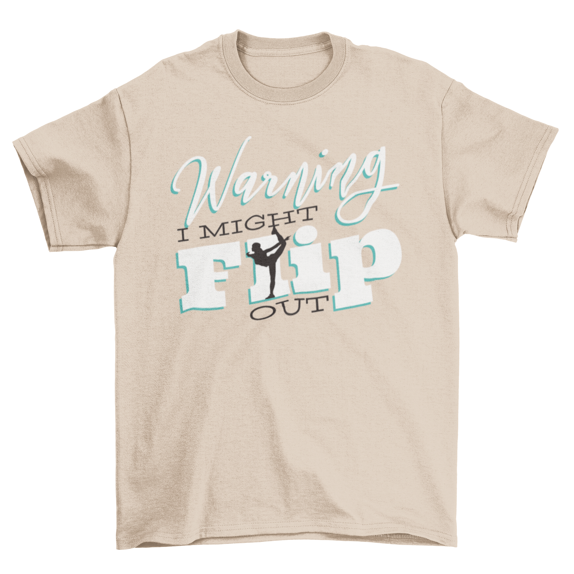 Gymnast flip t-shirt design featuring playful lettering and a silhouette of a girl in an acrobatic pose.