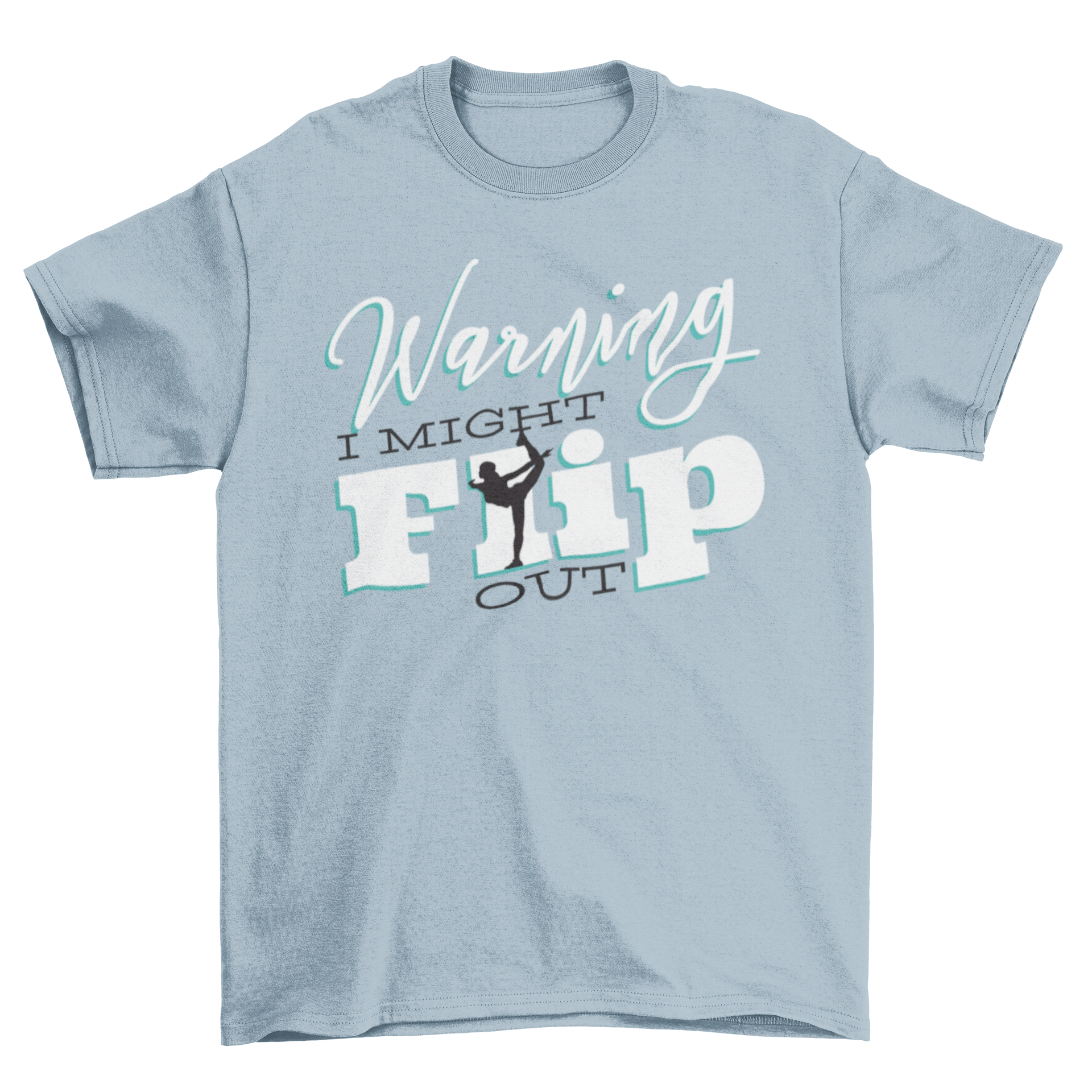 Gymnast flip t-shirt design featuring playful lettering and a silhouette of a girl in an acrobatic pose.