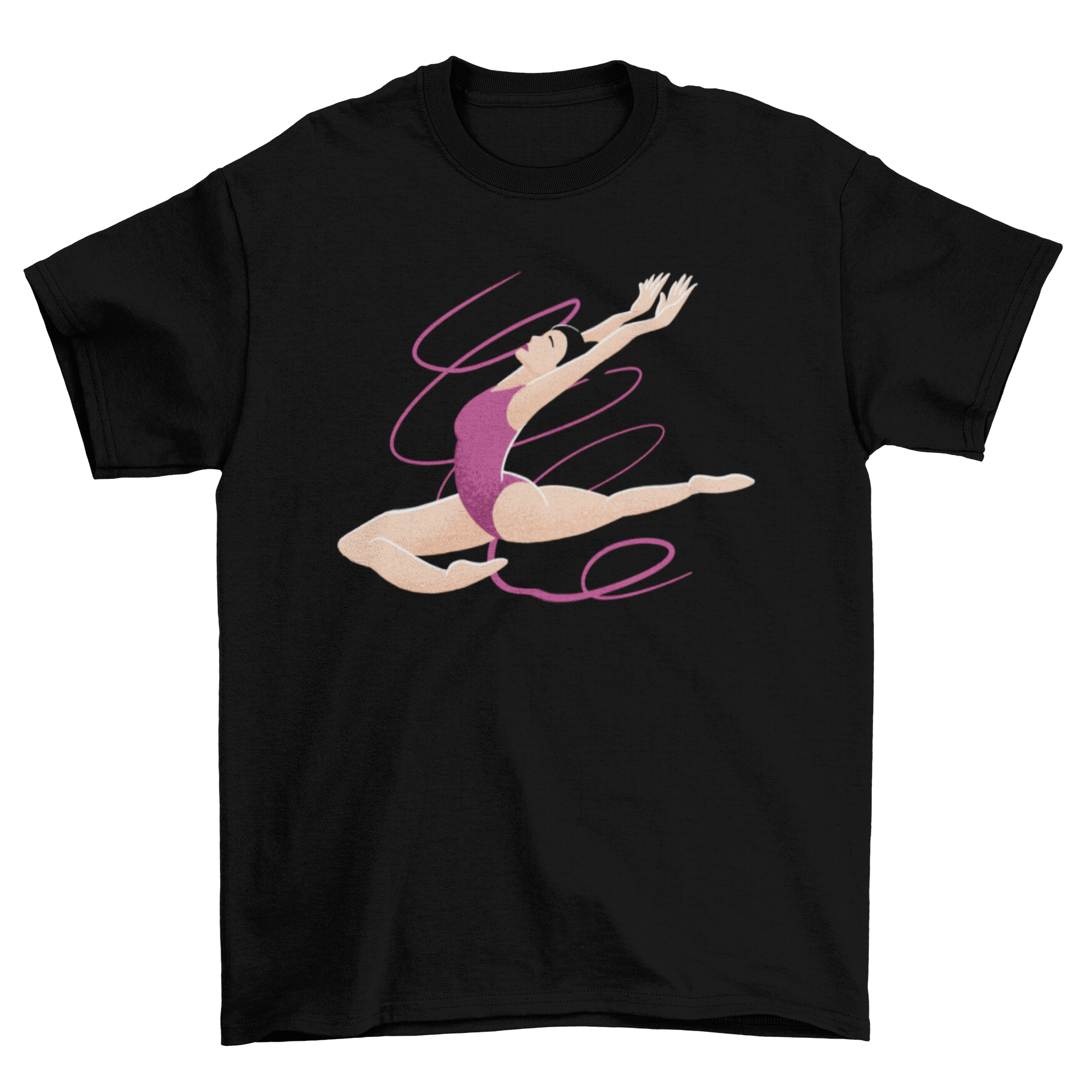 A stylish T-shirt featuring a vibrant illustration of a female gymnast performing a jump, showcasing athleticism and grace.