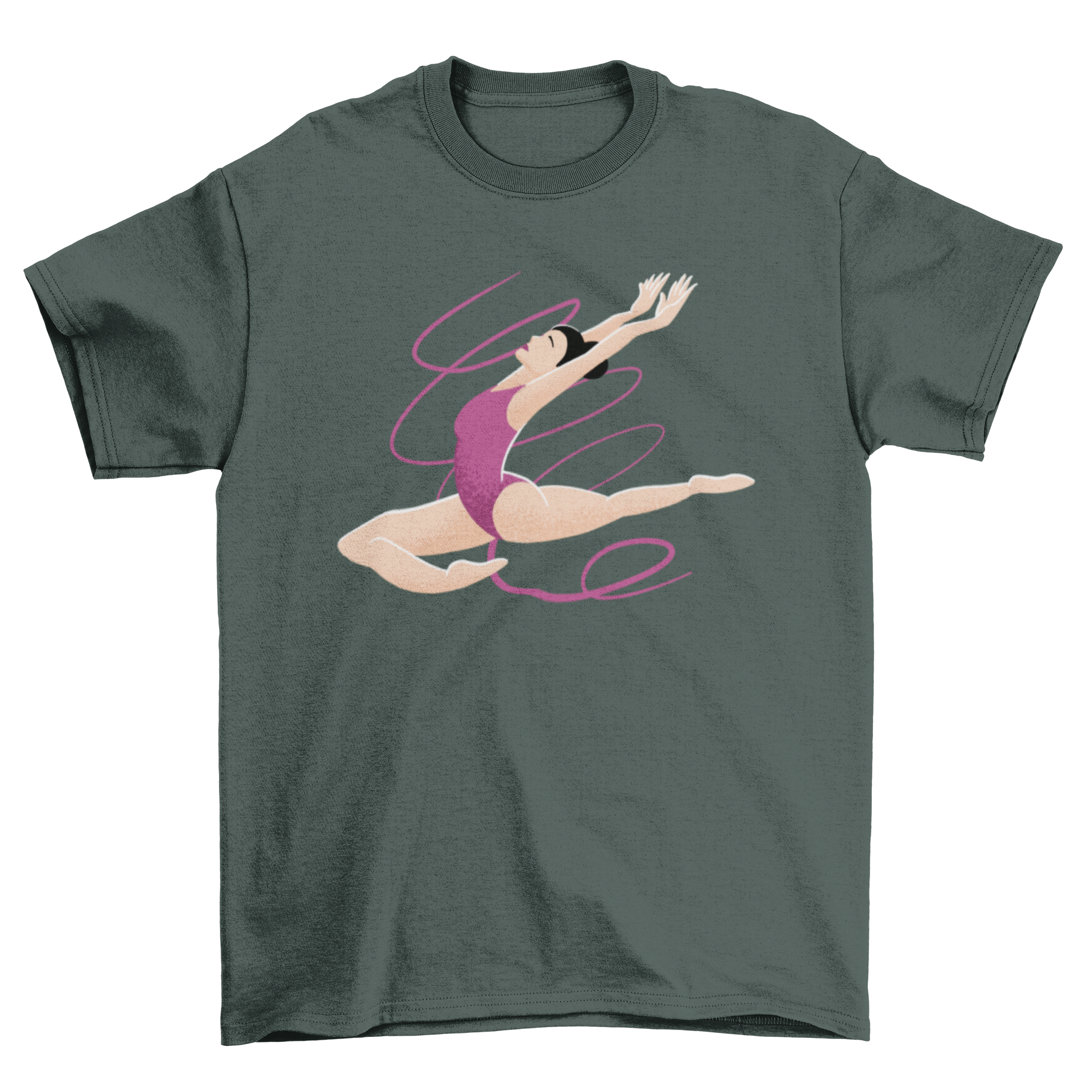 A stylish T-shirt featuring a vibrant illustration of a female gymnast performing a jump, showcasing athleticism and grace.