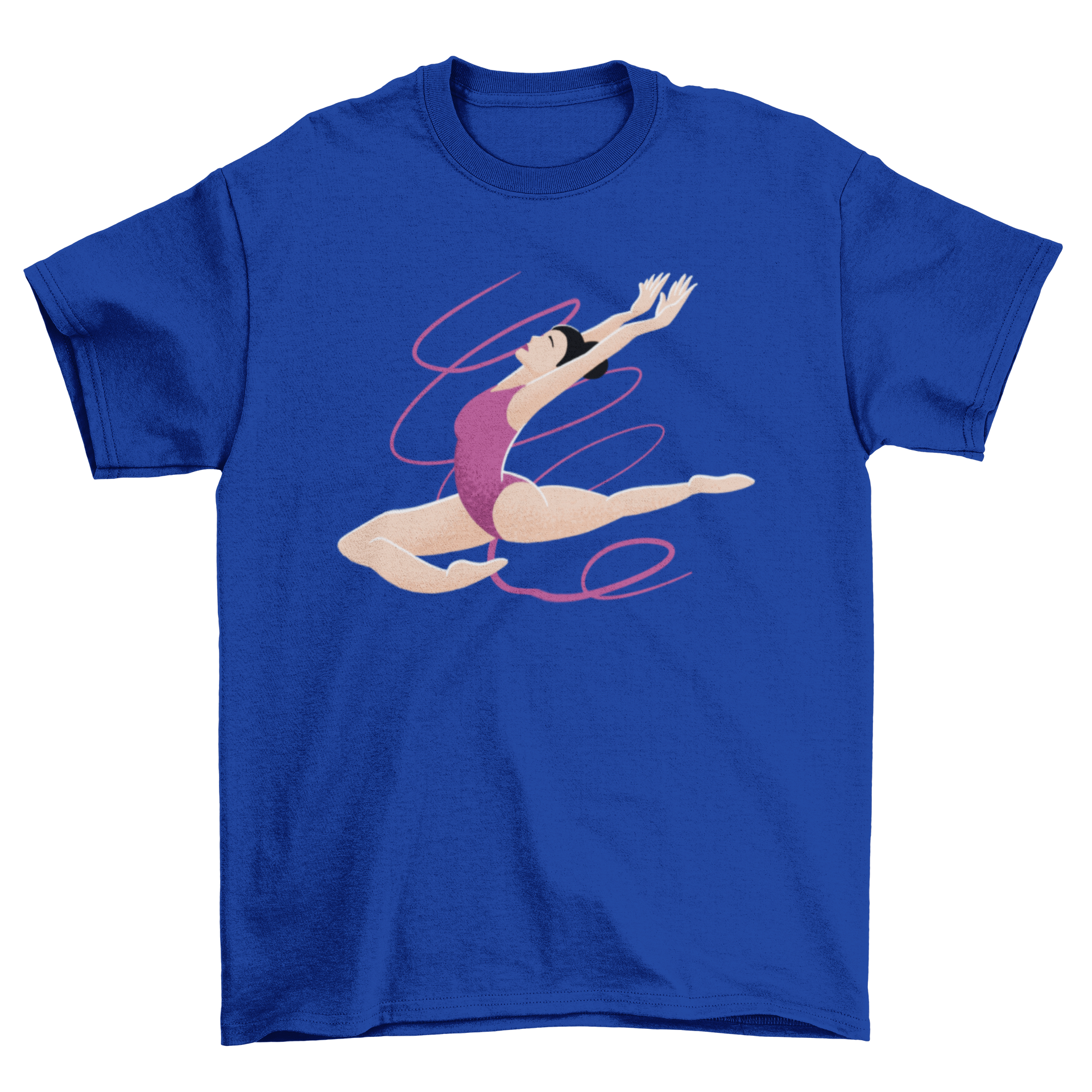 A stylish T-shirt featuring a vibrant illustration of a female gymnast performing a jump, showcasing athleticism and grace.