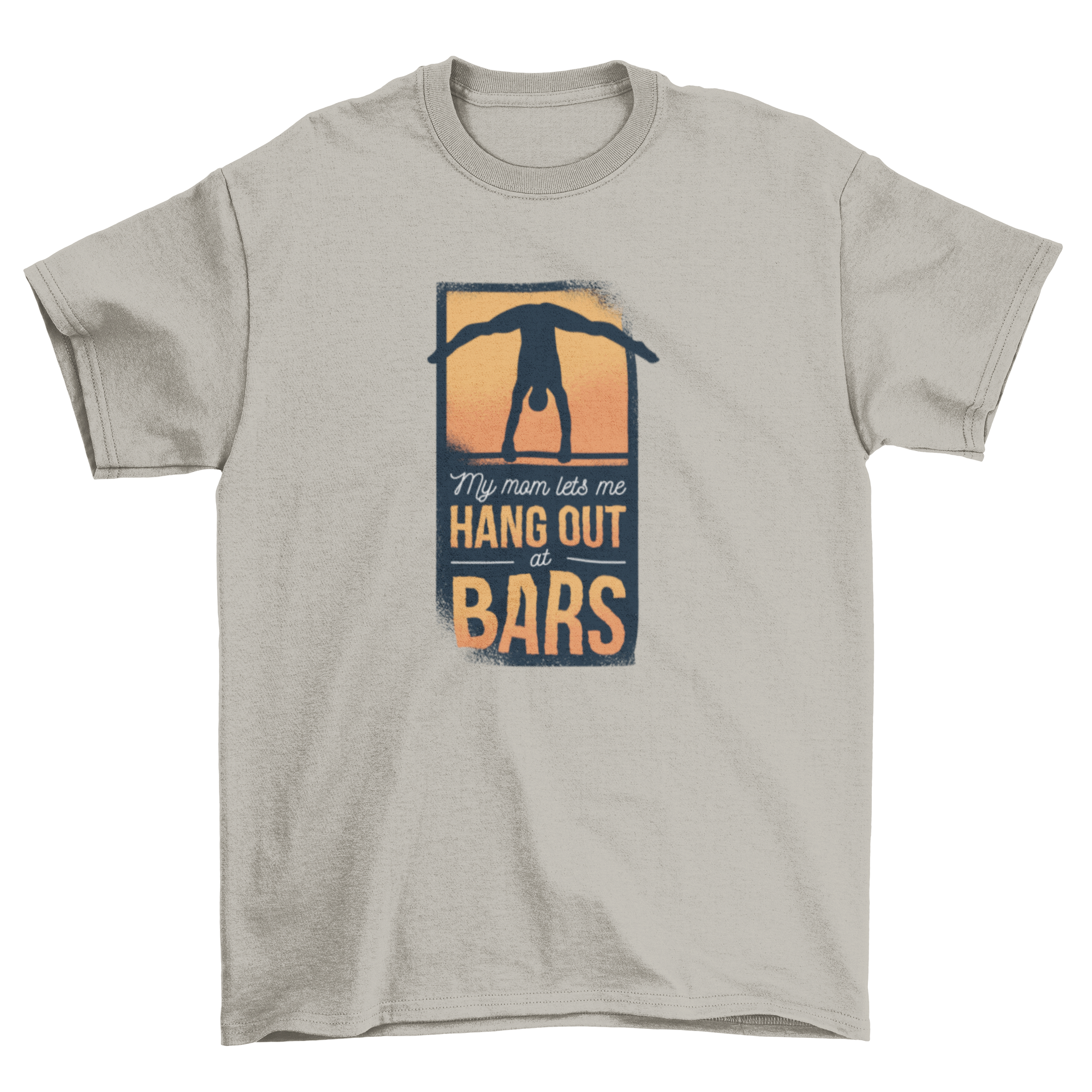 A stylish Gymnast Mom T-Shirt featuring the text 'My mom lets me hang out at bars' in a playful font.