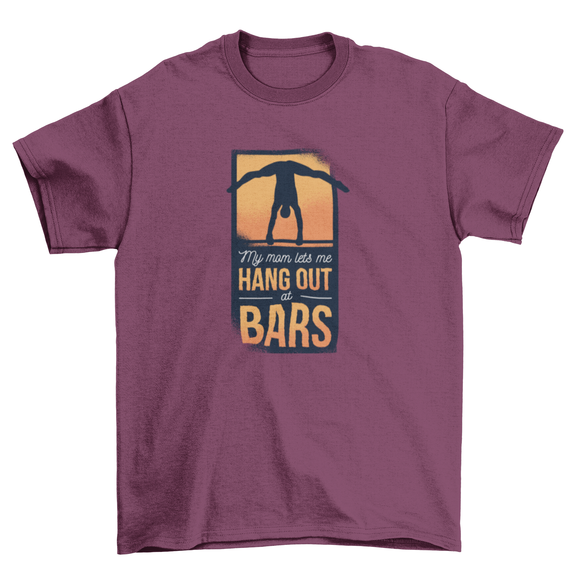 A stylish Gymnast Mom T-Shirt featuring the text 'My mom lets me hang out at bars' in a playful font.