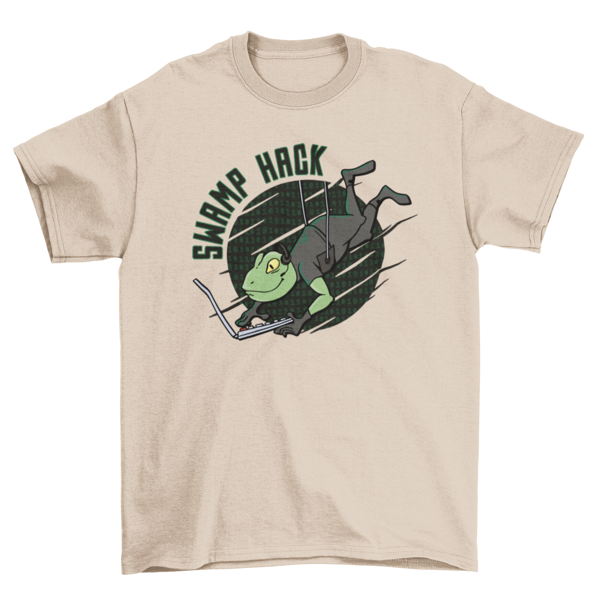 Hacker Frog T-shirt featuring a frog with a computer and the quote 'Swamp hack', showcasing a unique and playful design.