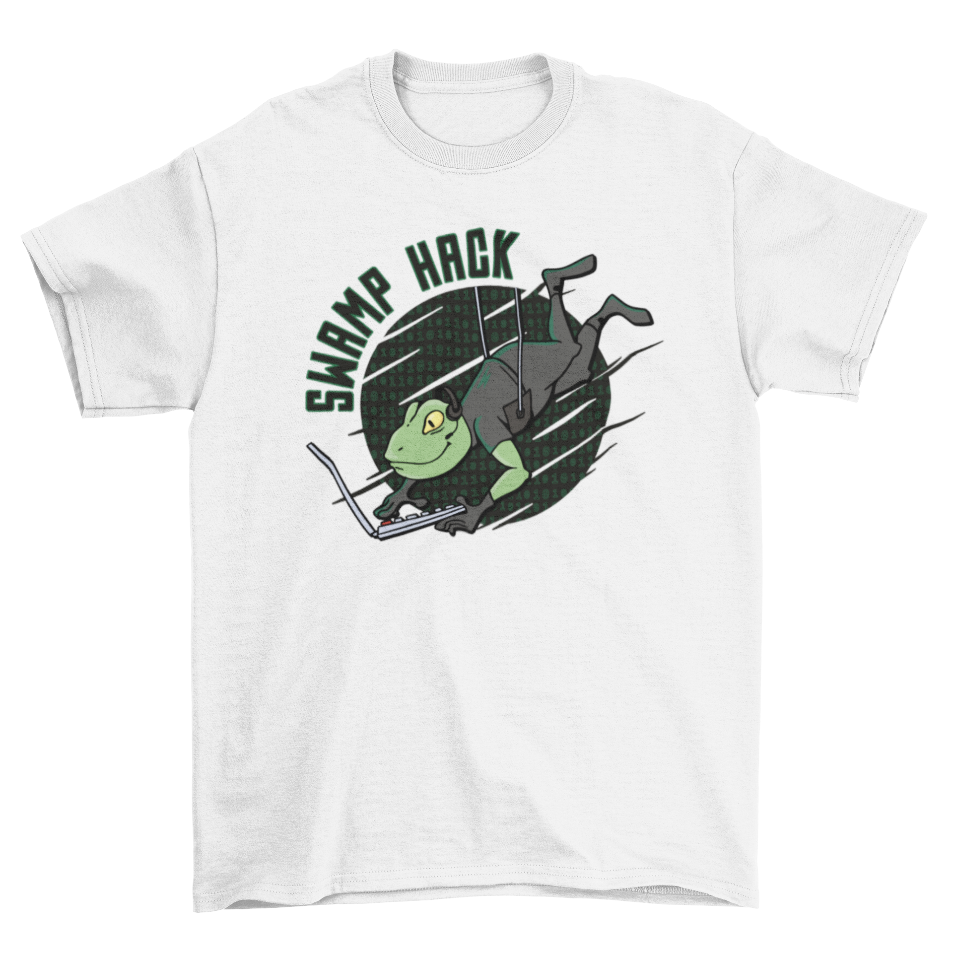 Hacker Frog T-shirt featuring a frog with a computer and the quote 'Swamp hack', showcasing a unique and playful design.