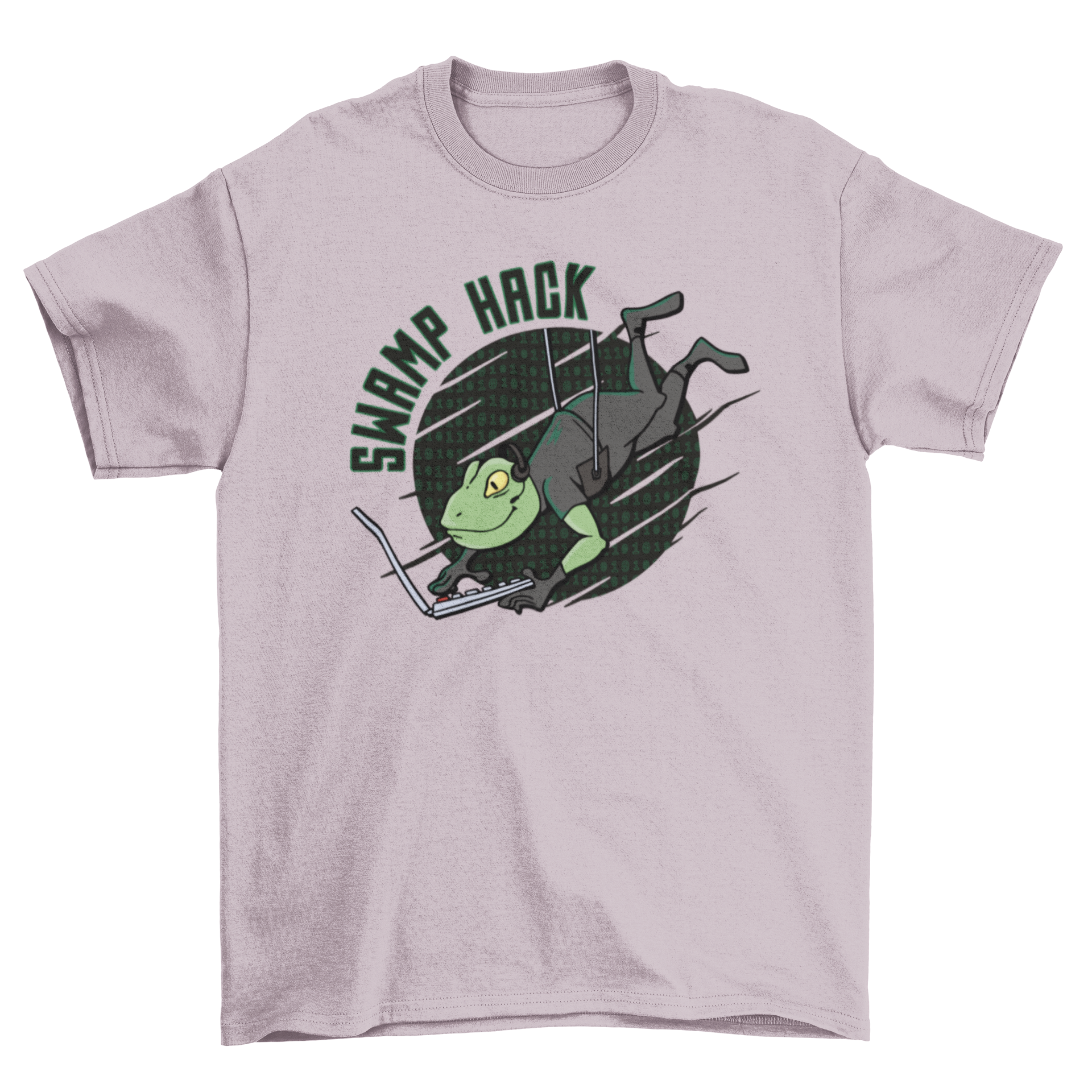 Hacker Frog T-shirt featuring a frog with a computer and the quote 'Swamp hack', showcasing a unique and playful design.