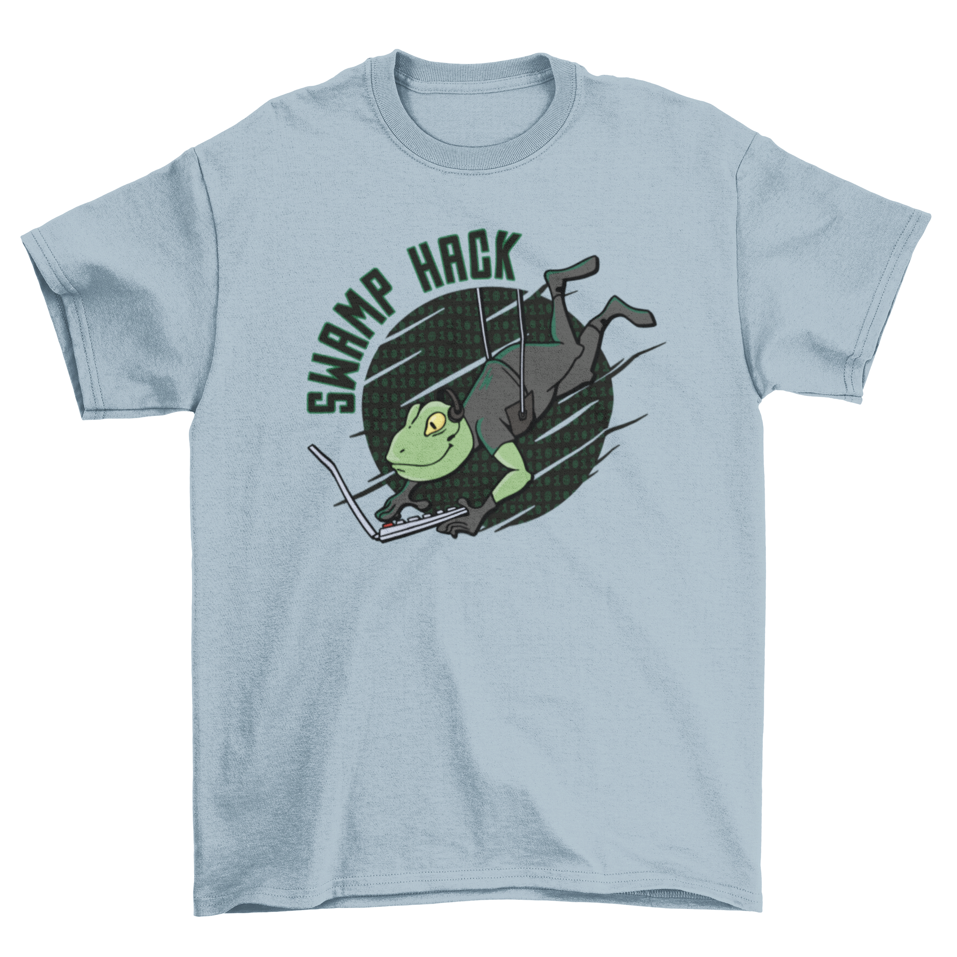 Hacker Frog T-shirt featuring a frog with a computer and the quote 'Swamp hack', showcasing a unique and playful design.