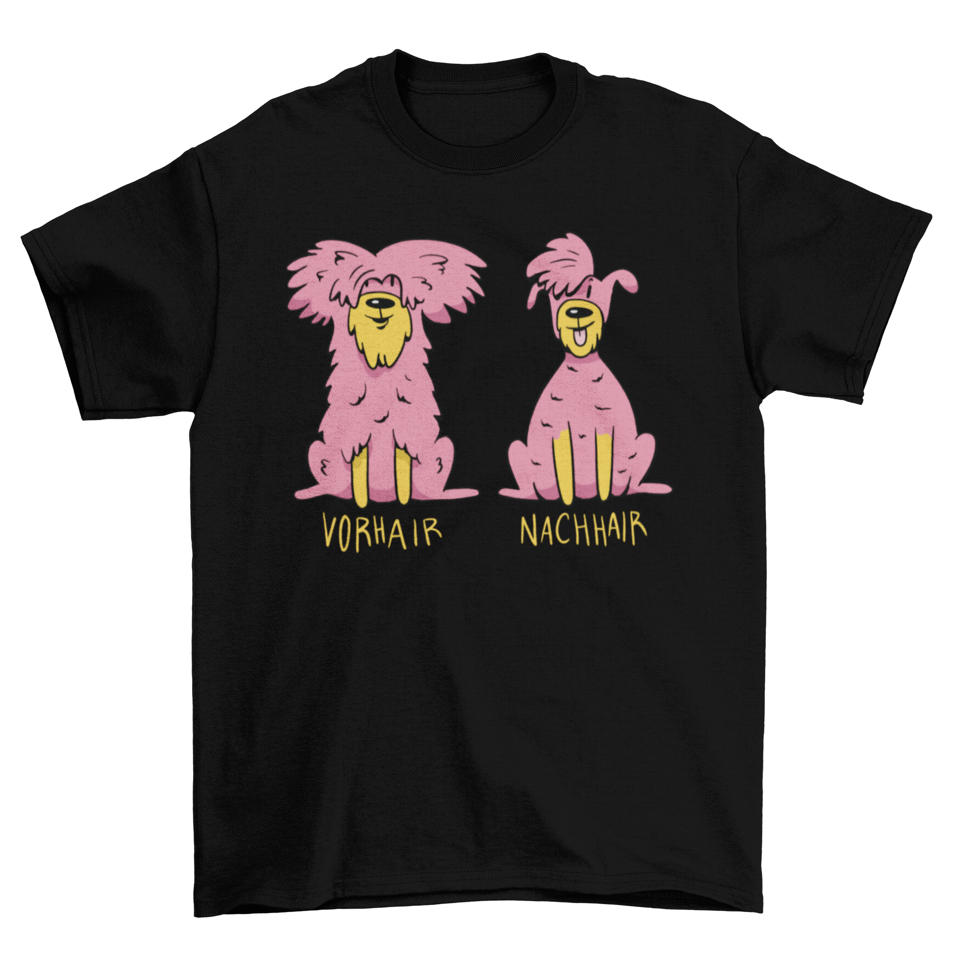 A stylish t-shirt featuring a playful illustration of a dog before and after its haircut, perfect for dog lovers.