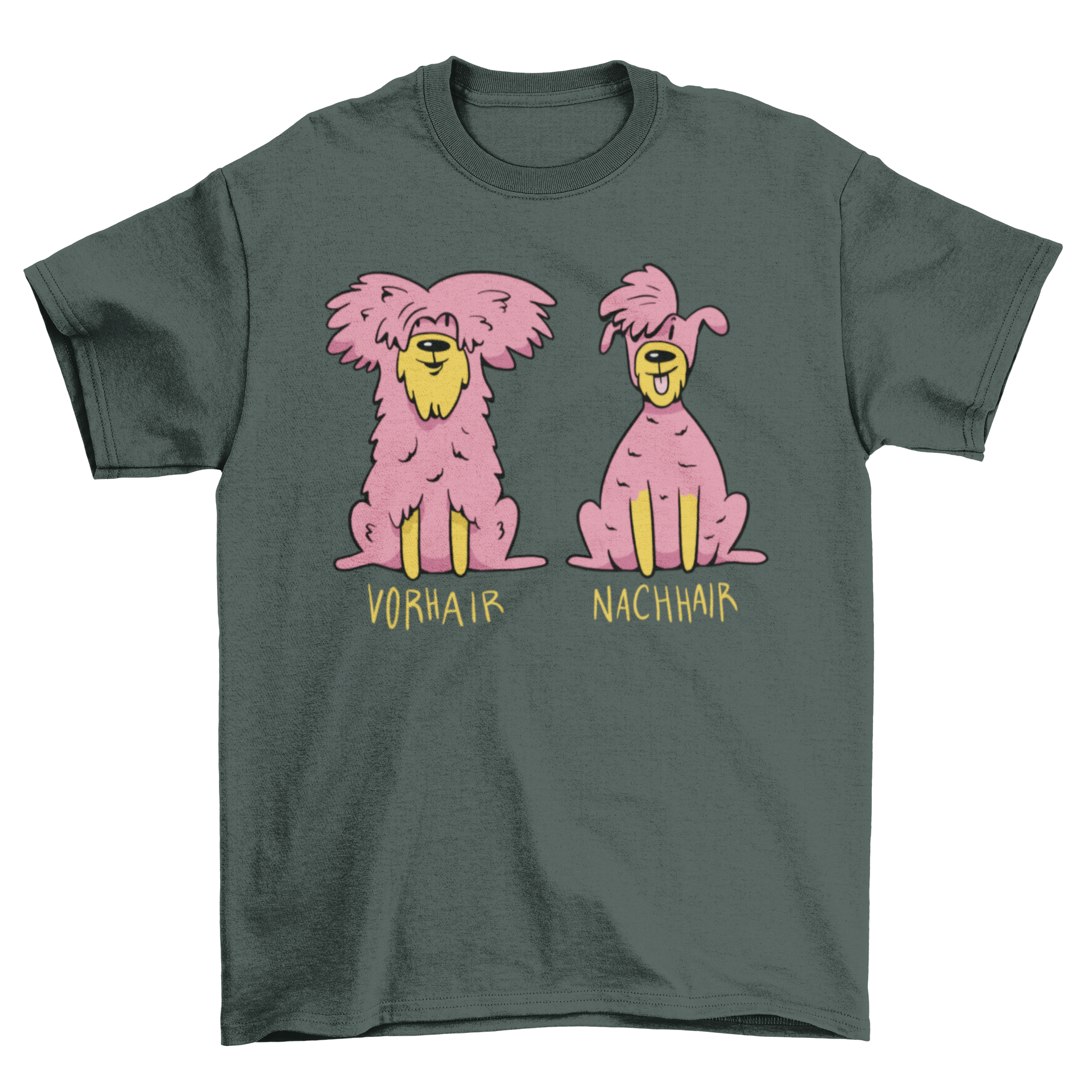 A stylish t-shirt featuring a playful illustration of a dog before and after its haircut, perfect for dog lovers.