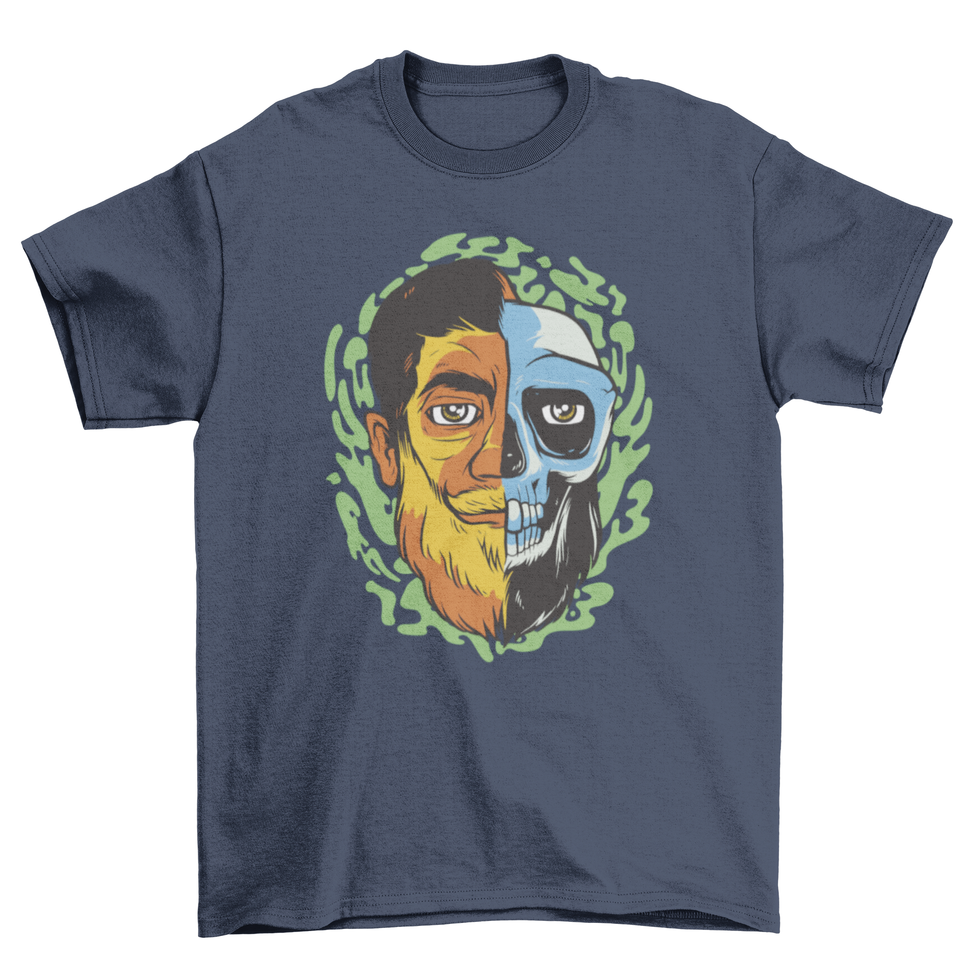 Half a male human skull t-shirt featuring a striking design of a man's face transitioning into a skull.